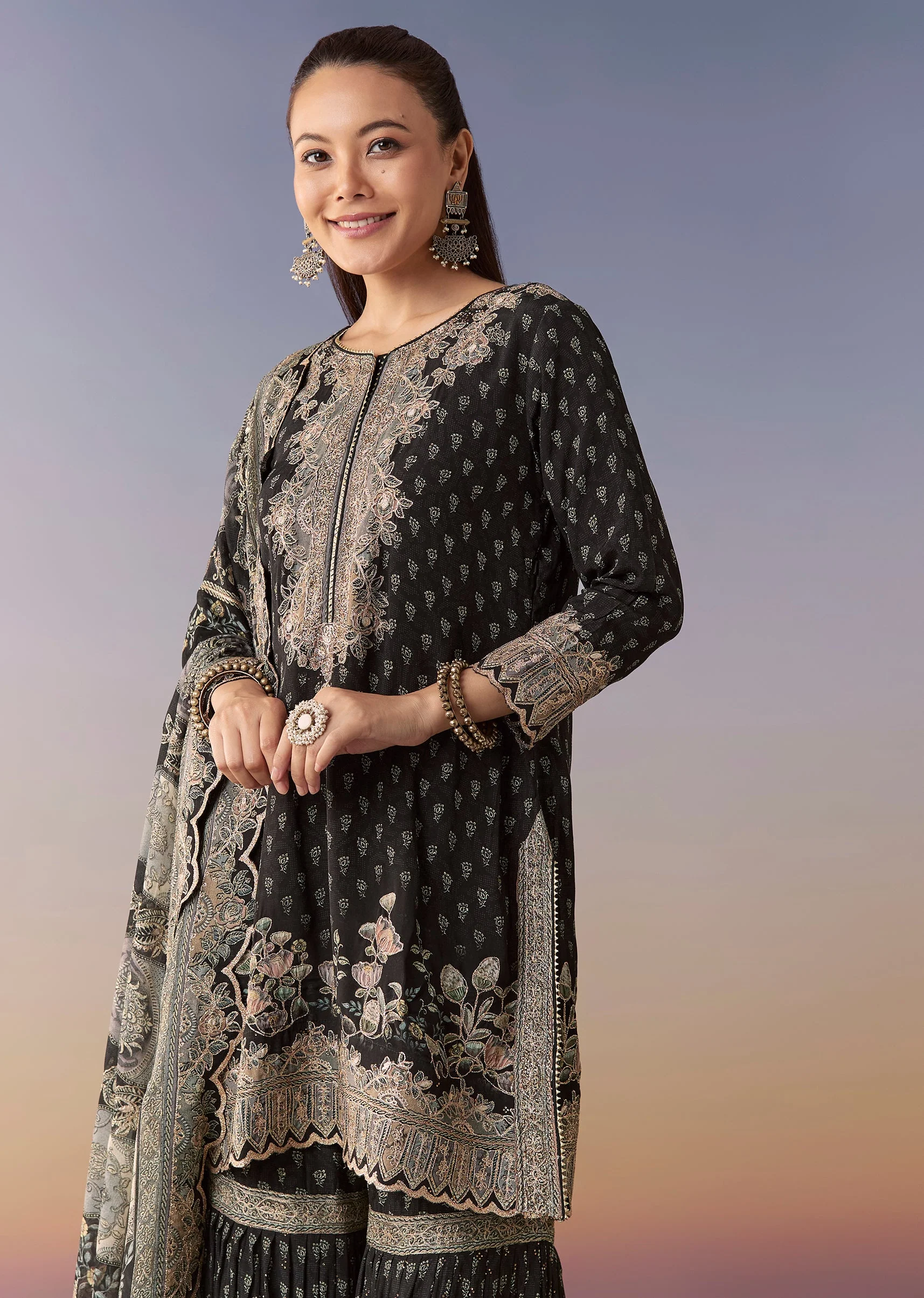 Midnight Blue Printed Sharara Suit Set With Dupatta - Image 4