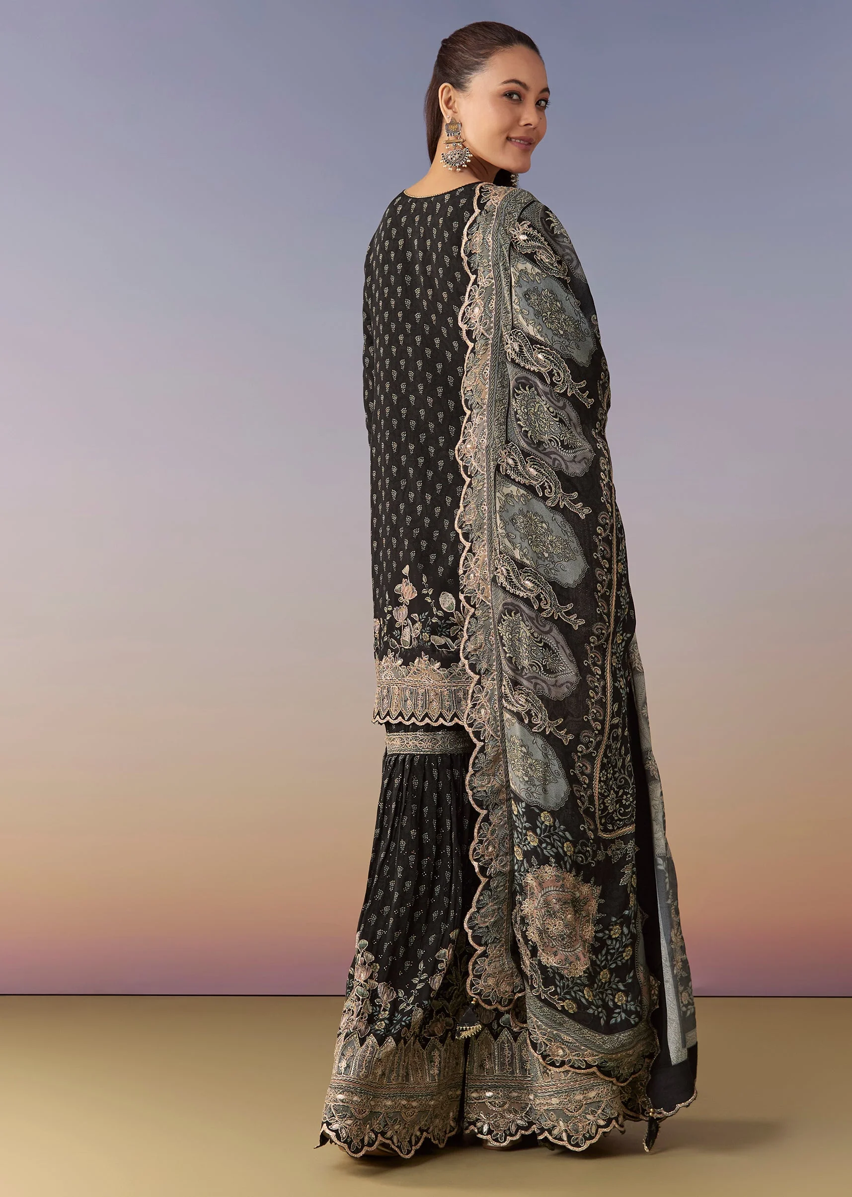 Midnight Blue Printed Sharara Suit Set With Dupatta - Image 5