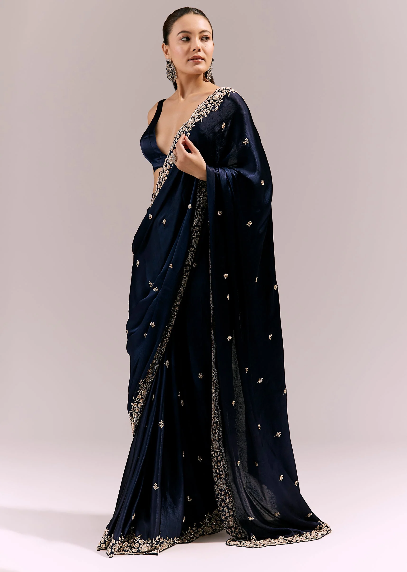 Midnight Blue Satin Chinon Saree With Cutwork Floral Embroidered Border