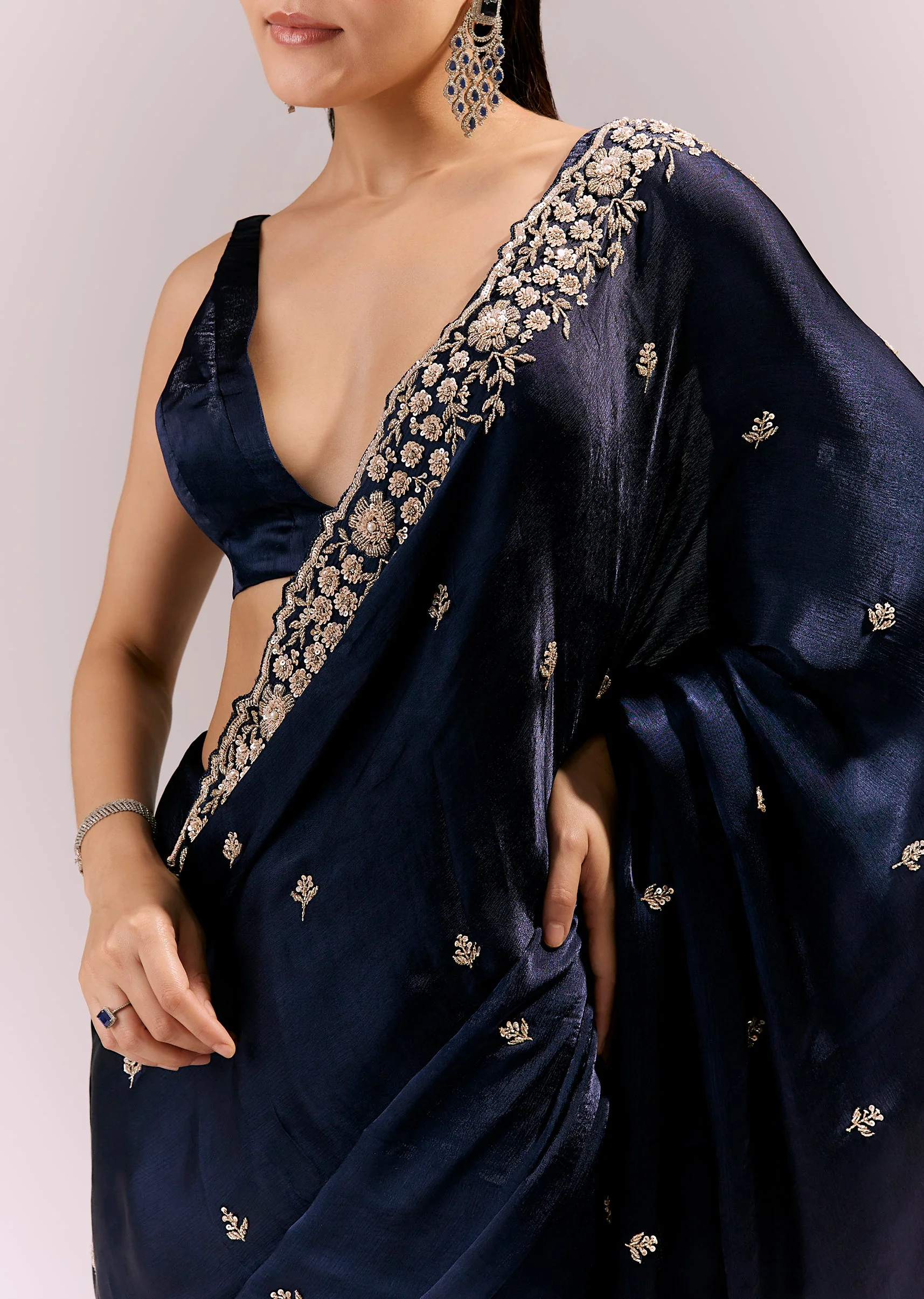 Midnight Blue Satin Chinon Saree With Cutwork Floral Embroidered Border - Image 2