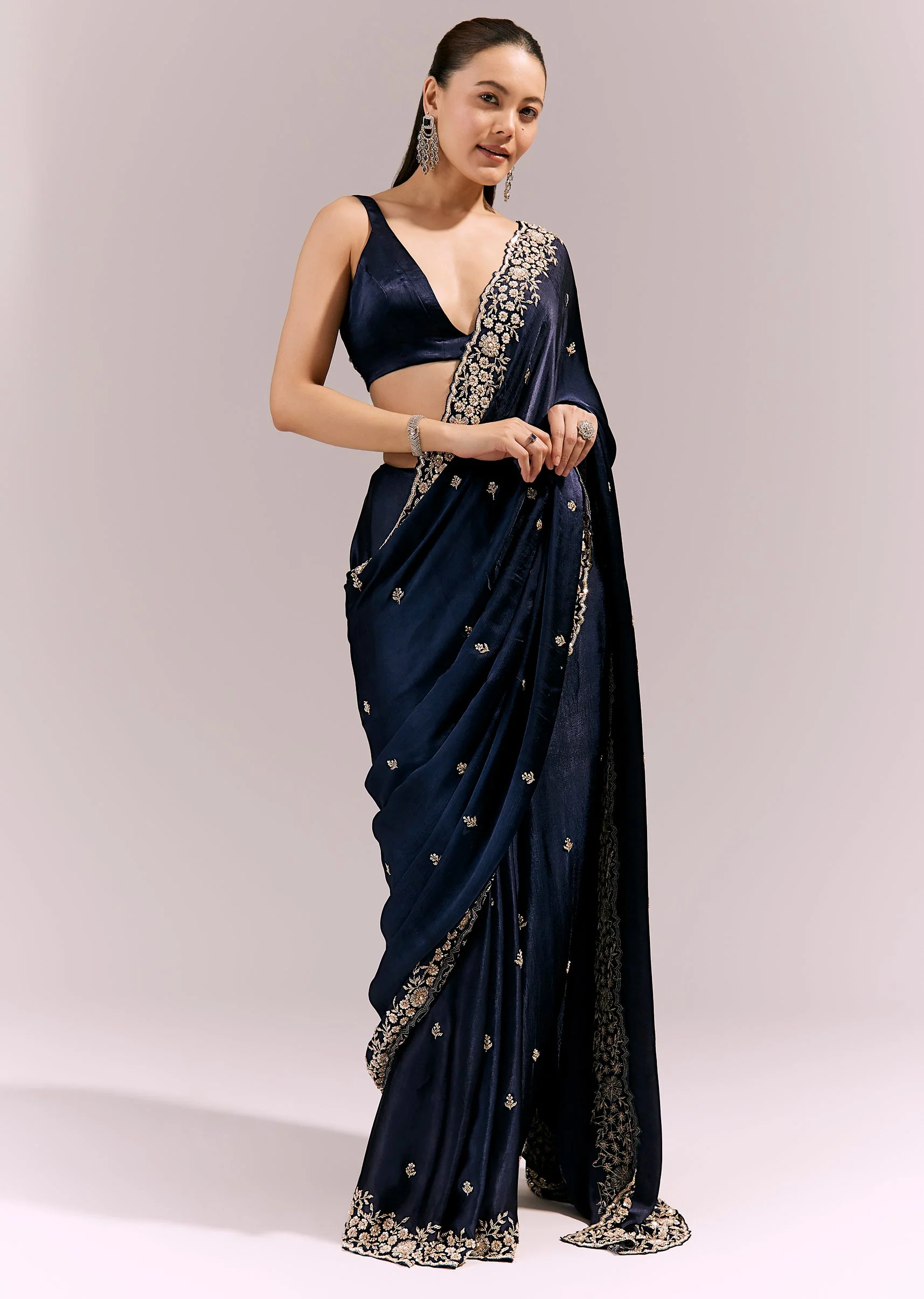 Midnight Blue Satin Chinon Saree With Cutwork Floral Embroidered Border - Image 3