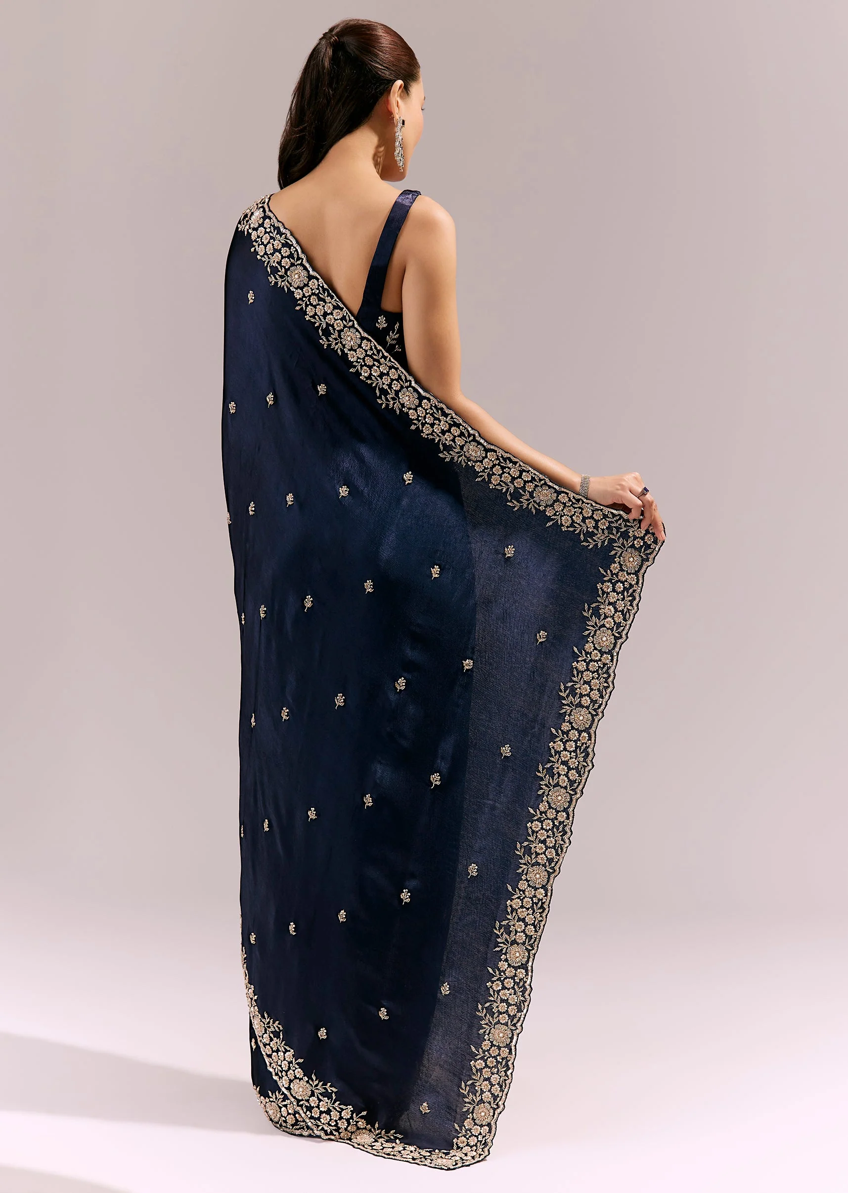 Midnight Blue Satin Chinon Saree With Cutwork Floral Embroidered Border - Image 4