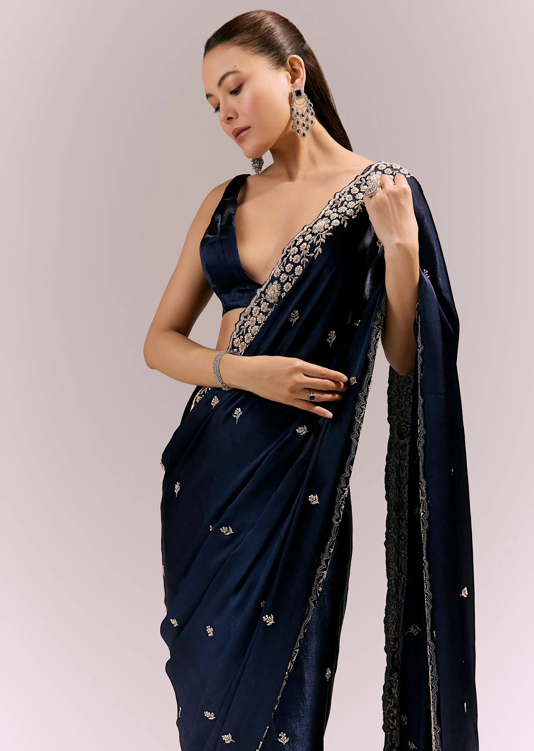 Midnight Blue Satin Chinon Saree With Cutwork Floral Embroidered Border - Image 5