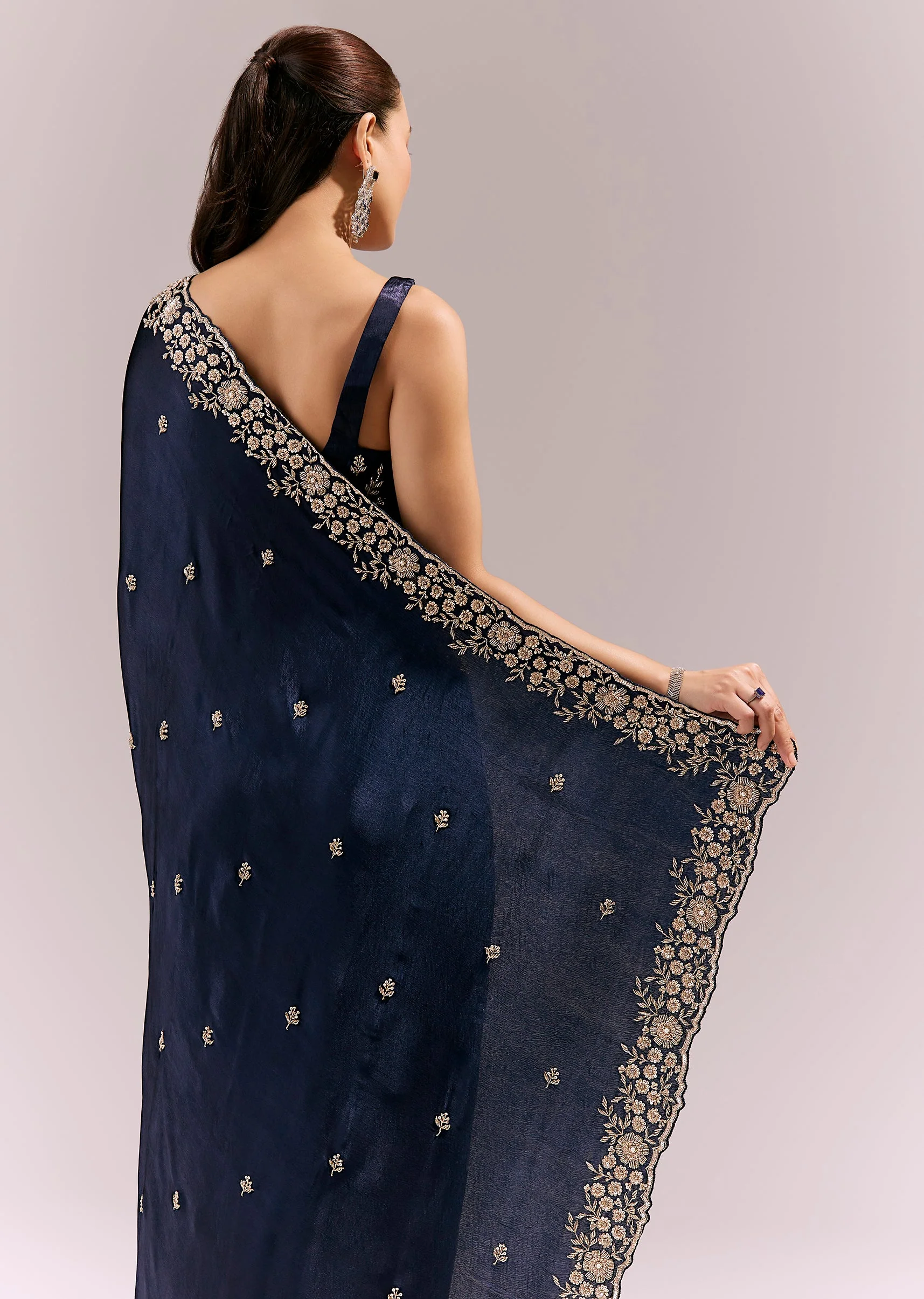 Midnight Blue Satin Chinon Saree With Cutwork Floral Embroidered Border - Image 6
