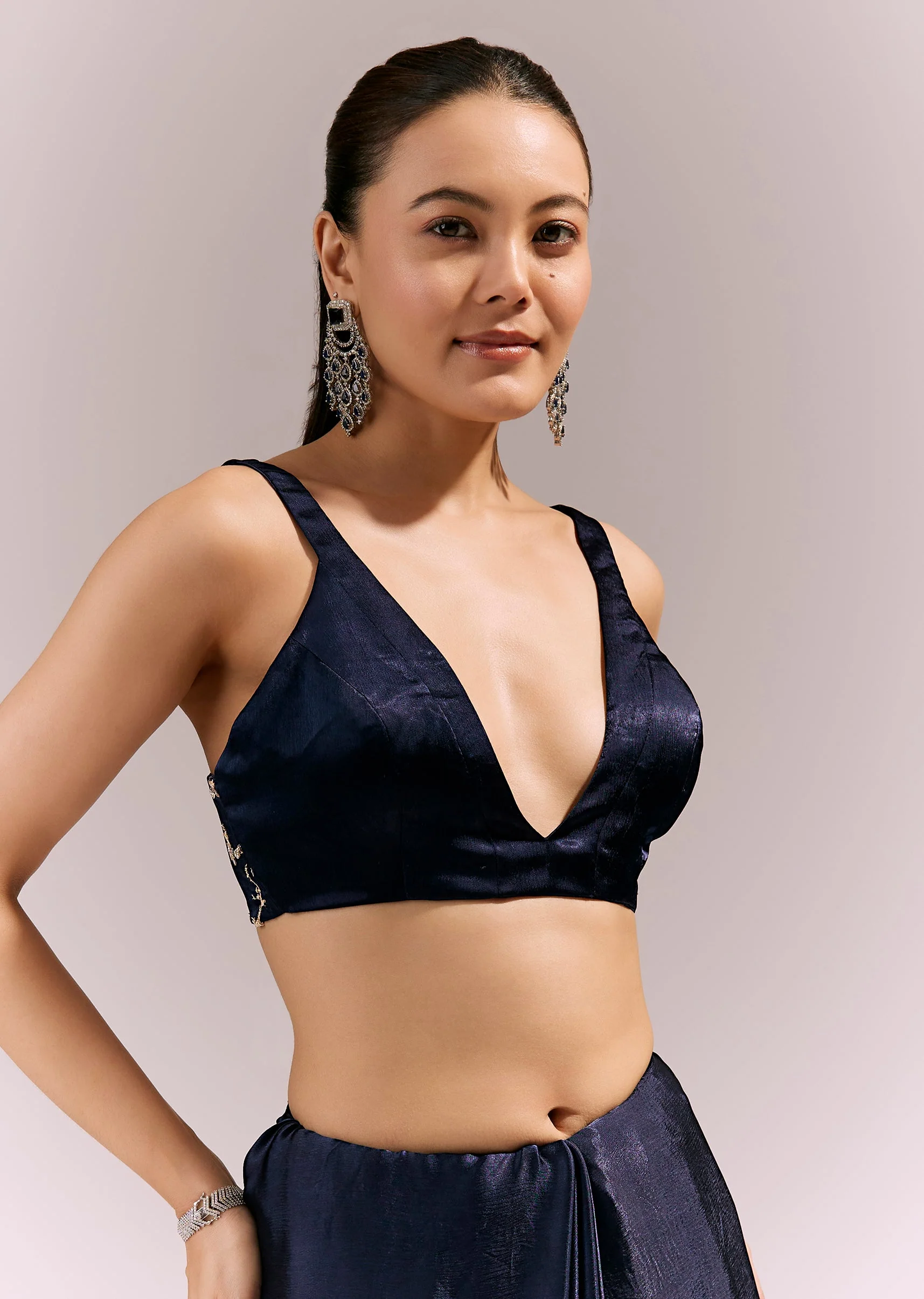 Midnight Blue Satin Chinon Saree With Cutwork Floral Embroidered Border - Image 7