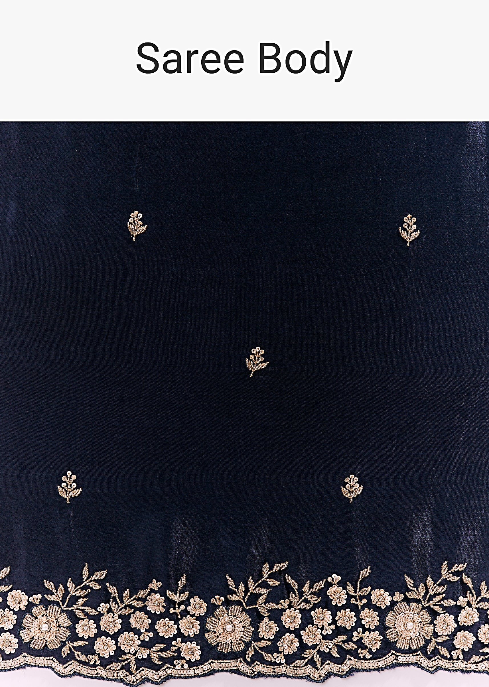 Midnight Blue Satin Chinon Saree With Cutwork Floral Embroidered Border - Image 9