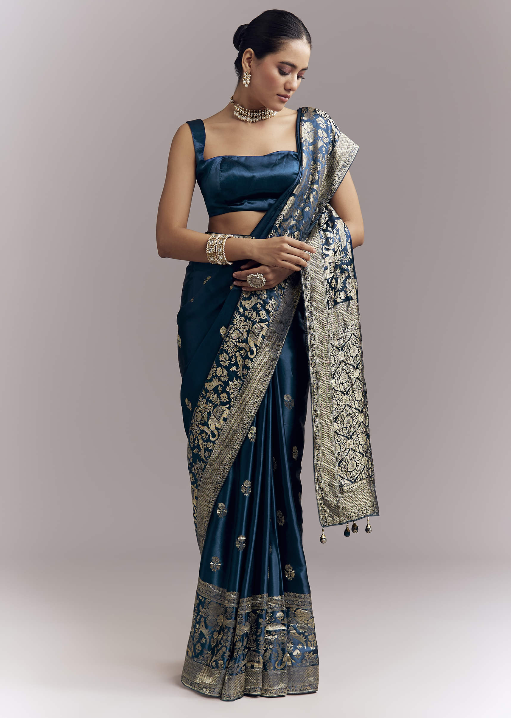 Midnight Blue Satin Woven Saree With Delicate Hand Embroidery - Image 3