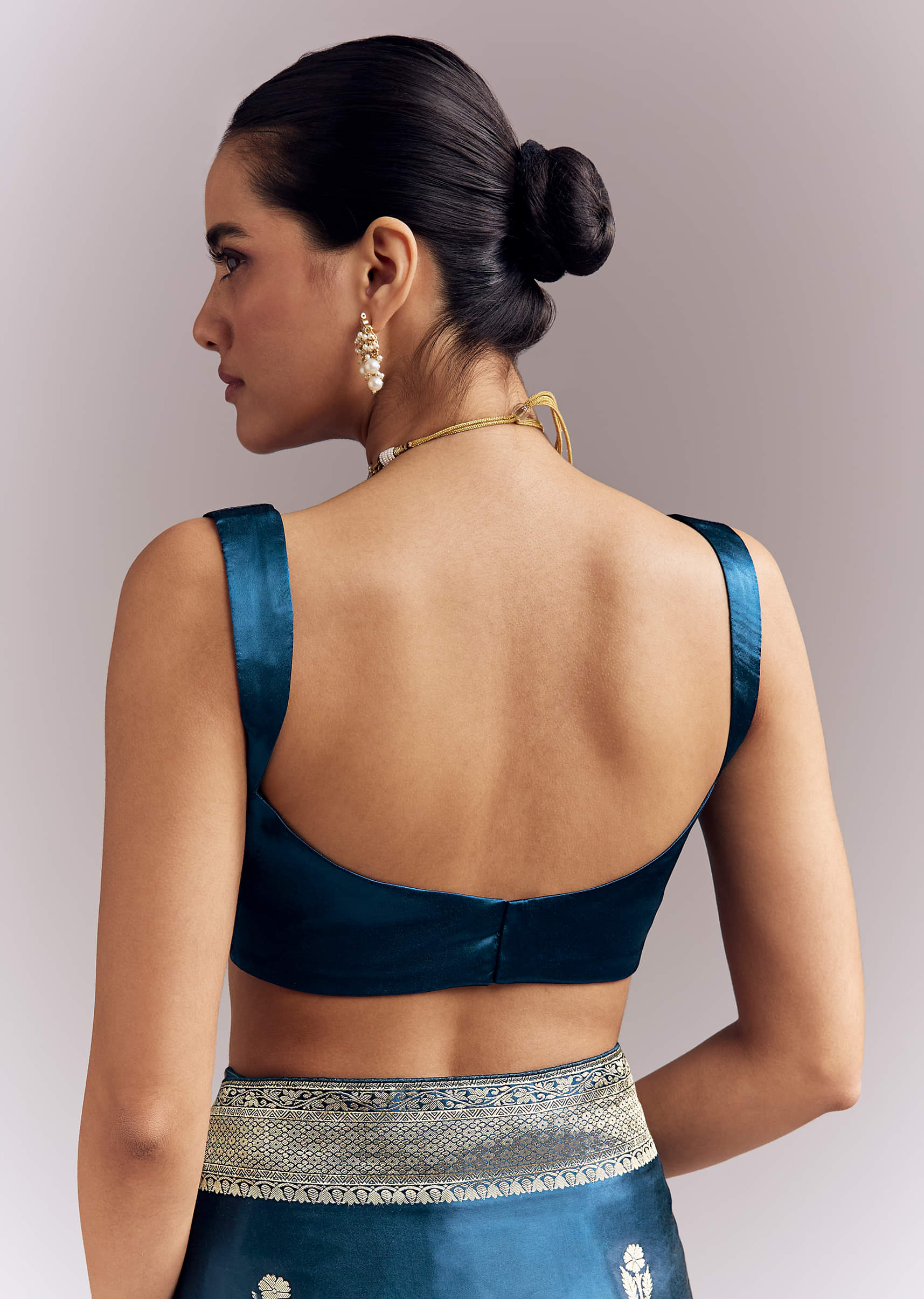 Midnight Blue Satin Woven Saree With Delicate Hand Embroidery - Image 7