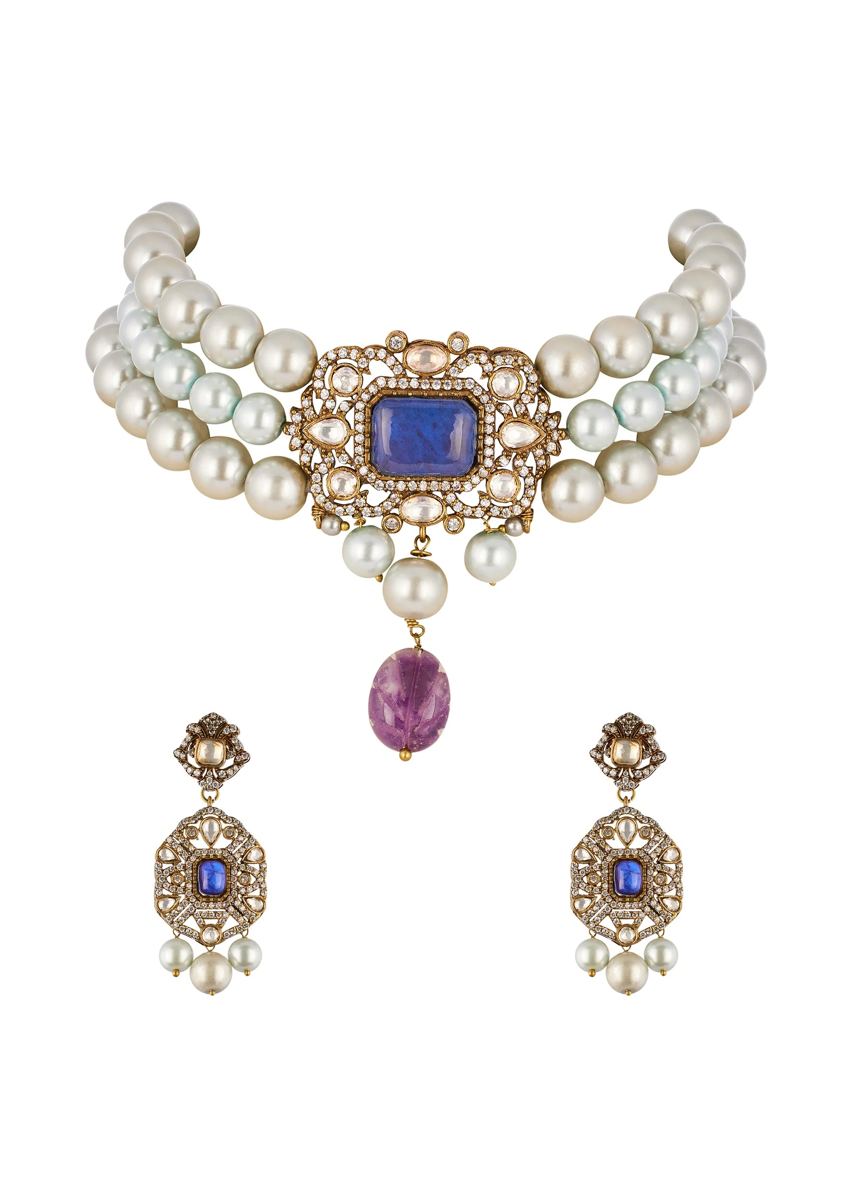 Midnight Blue Traditional Kundan Polki Necklace Set