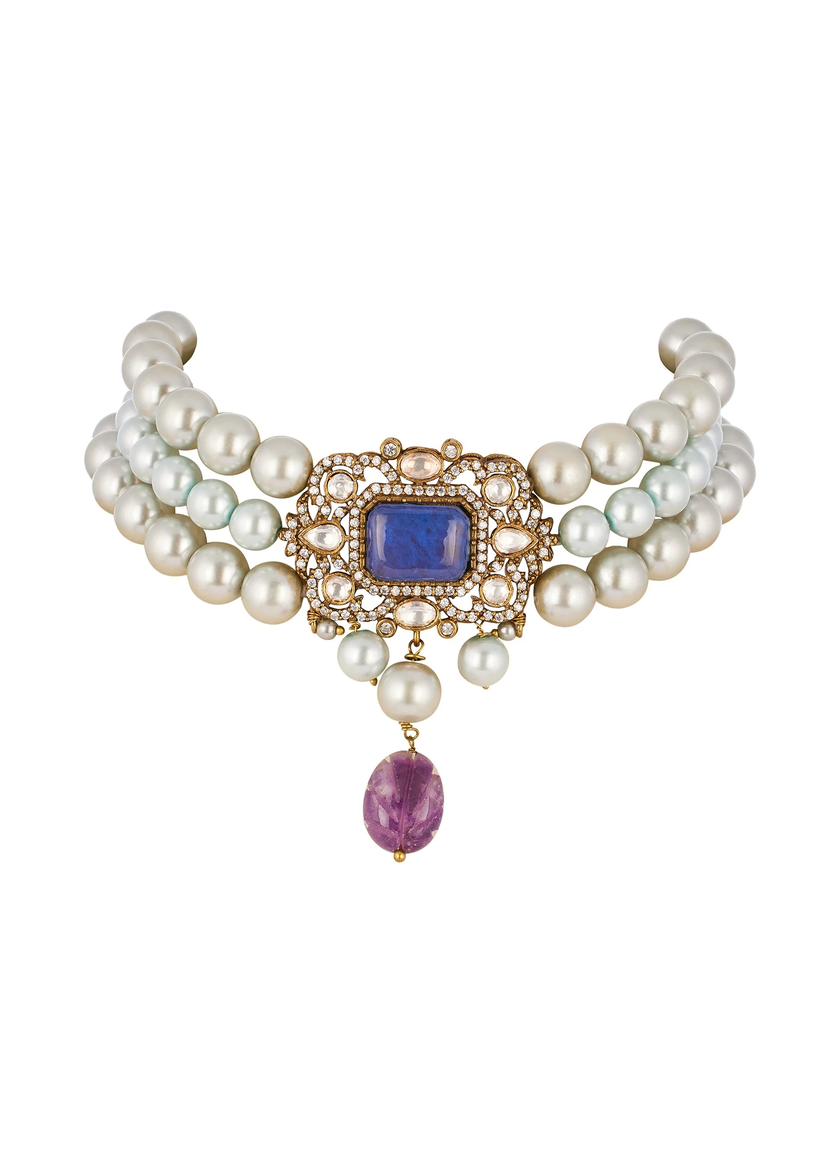 Midnight Blue Traditional Kundan Polki Necklace Set - Image 2