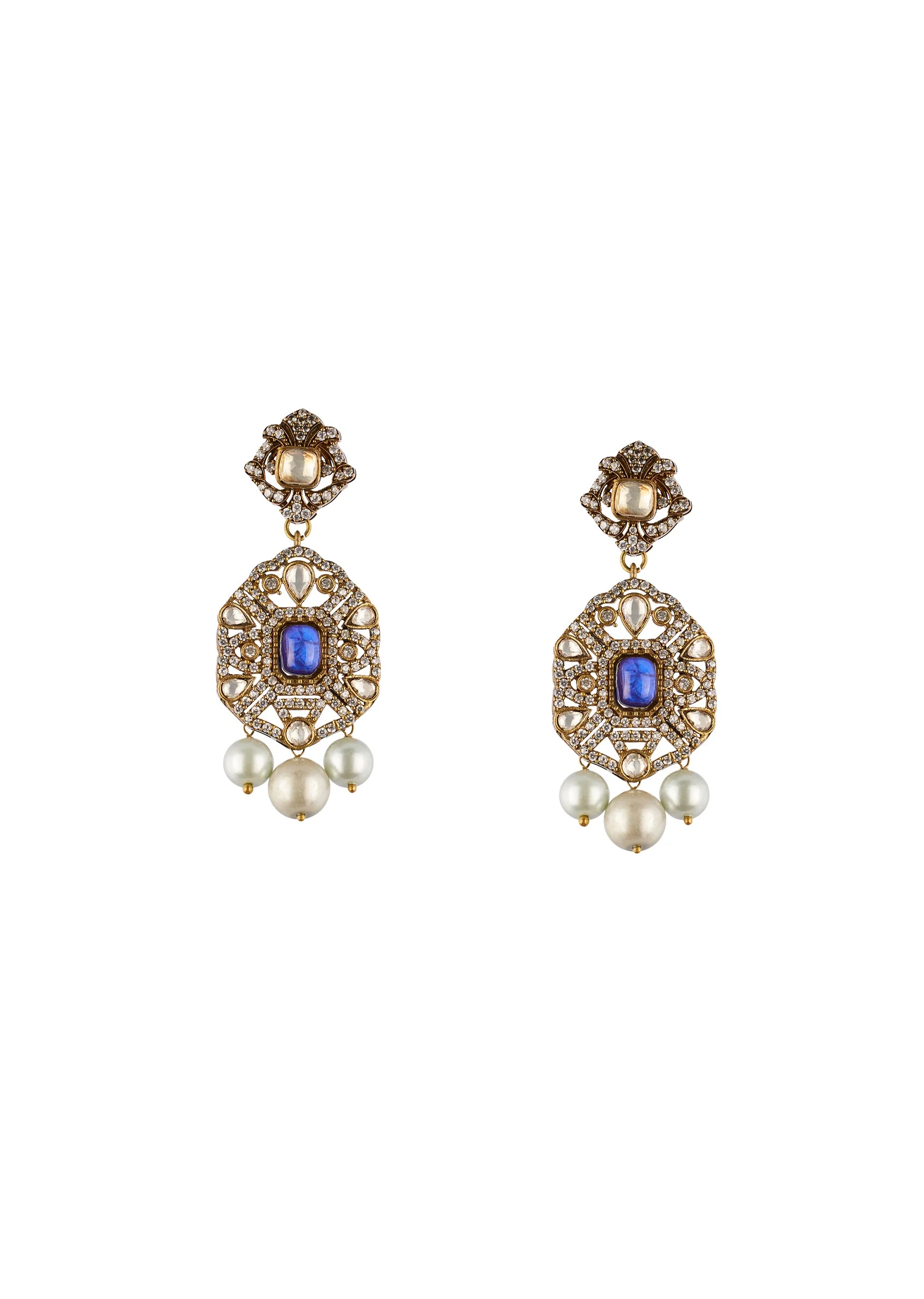 Midnight Blue Traditional Kundan Polki Necklace Set - Image 3