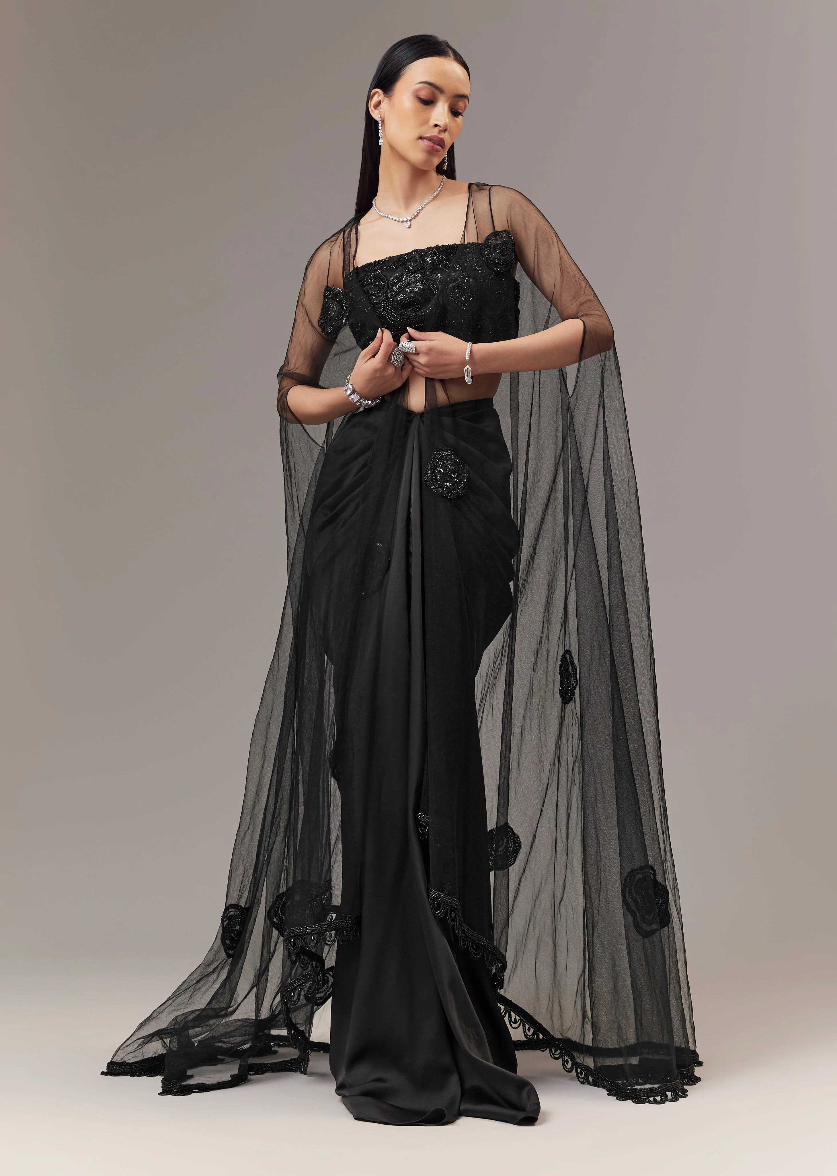 Midnight Duo Couple Set – Black Satin Indo-Western Crop Top And Draped Skirt for Her And Black Cutdana Indo-Western Suit for Him - Image 3
