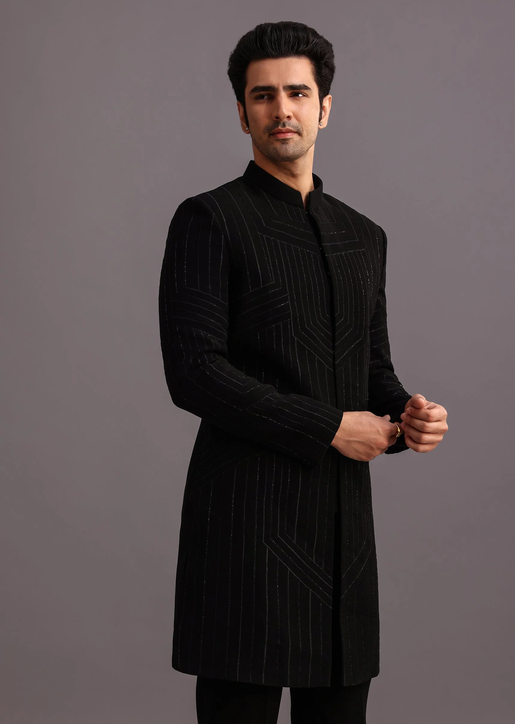 Midnight Duo Couple Set – Black Satin Indo-Western Crop Top And Draped Skirt for Her And Black Cutdana Indo-Western Suit for Him - Image 6