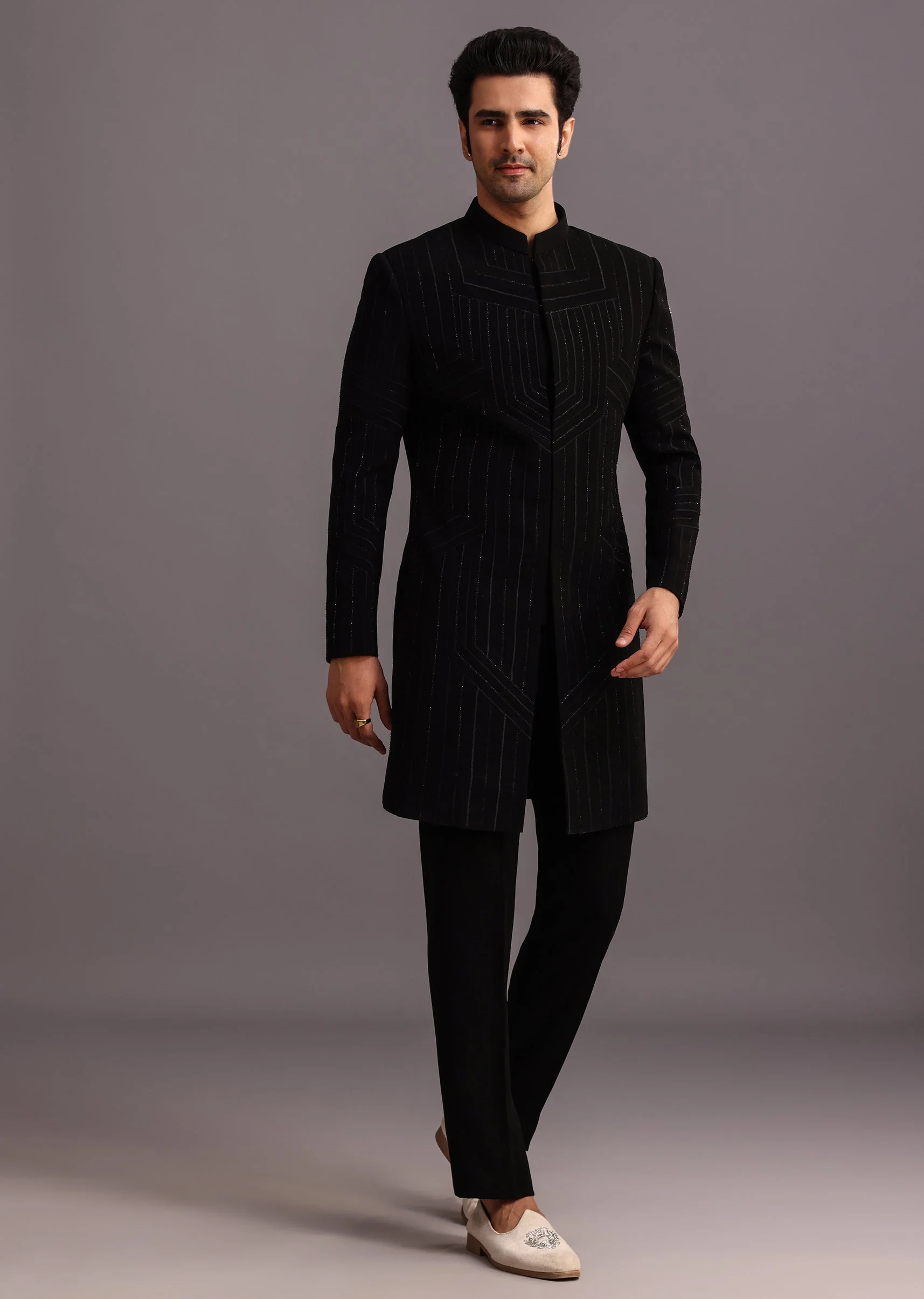 Midnight Duo Couple Set – Black Satin Indo-Western Crop Top And Draped Skirt for Her And Black Cutdana Indo-Western Suit for Him - Image 8