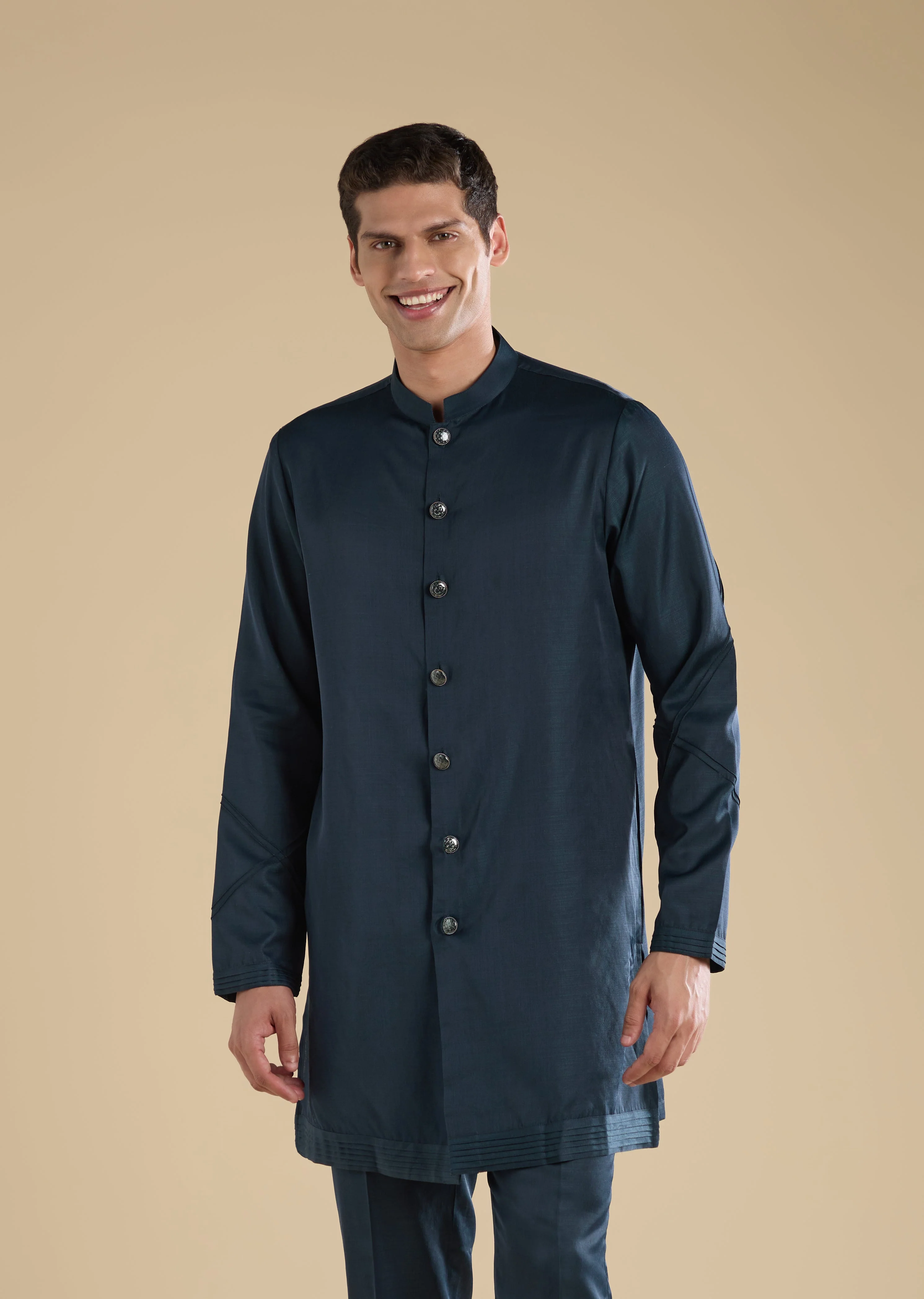 Midnight Zardosi Statement Couple Set – Navy Zardosi Kurta Sharara Set with Organza Dupatta for Her And Green Embellished Jacket Kurta Set for Him - Image 10