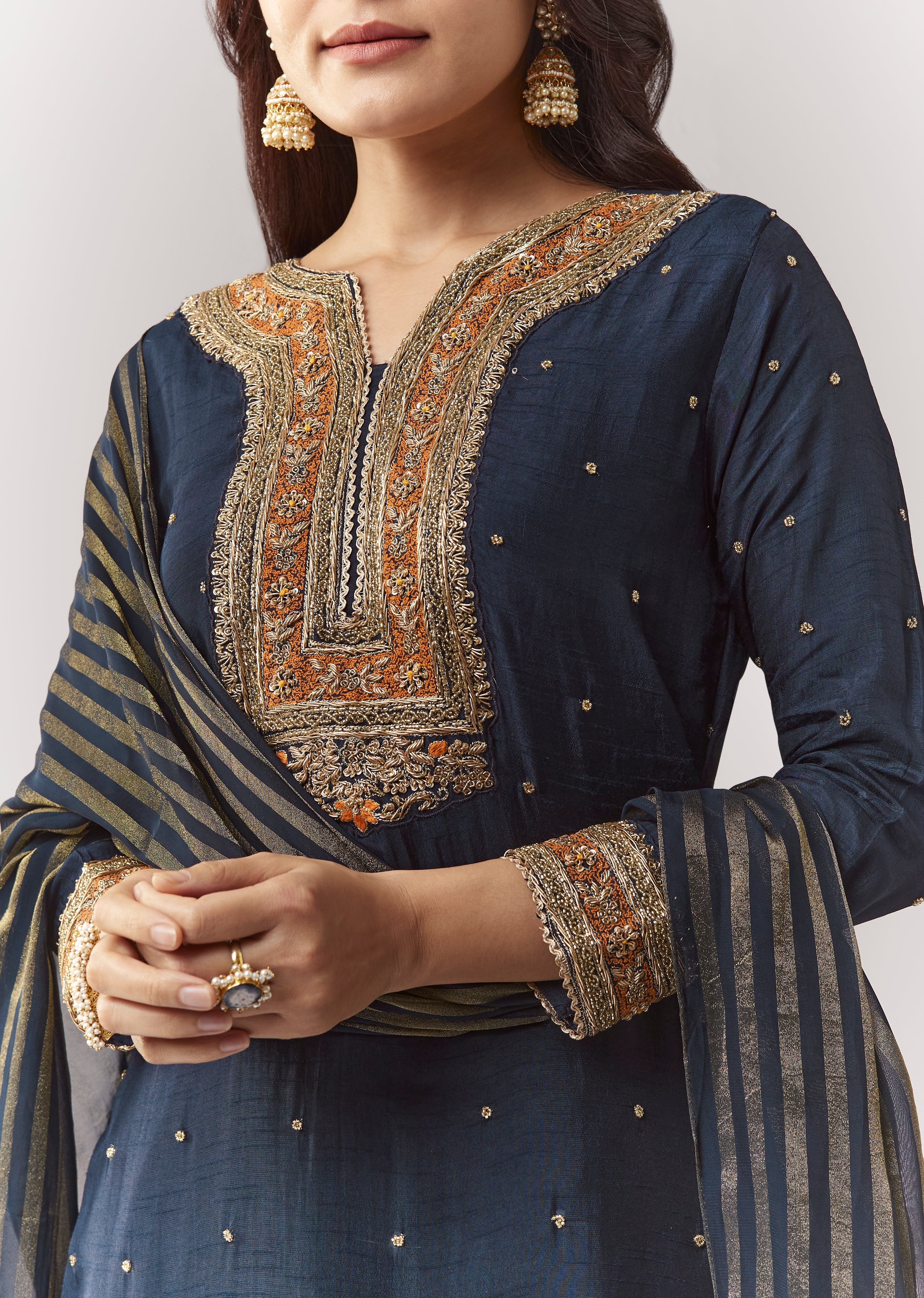 Midnight Zardosi Statement Couple Set – Navy Zardosi Kurta Sharara Set with Organza Dupatta for Her And Green Embellished Jacket Kurta Set for Him - Image 2
