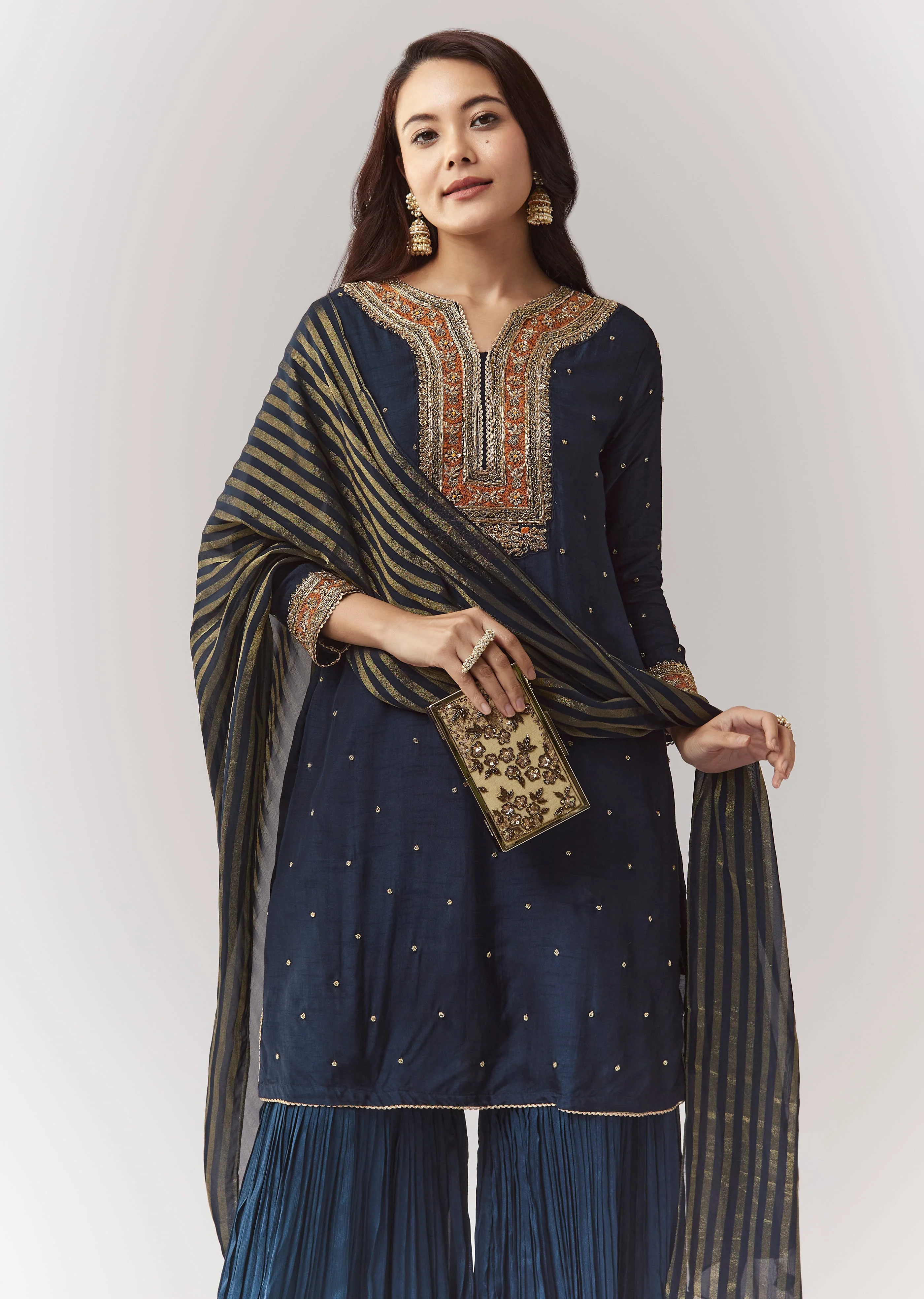 Midnight Zardosi Statement Couple Set – Navy Zardosi Kurta Sharara Set with Organza Dupatta for Her And Green Embellished Jacket Kurta Set for Him - Image 4
