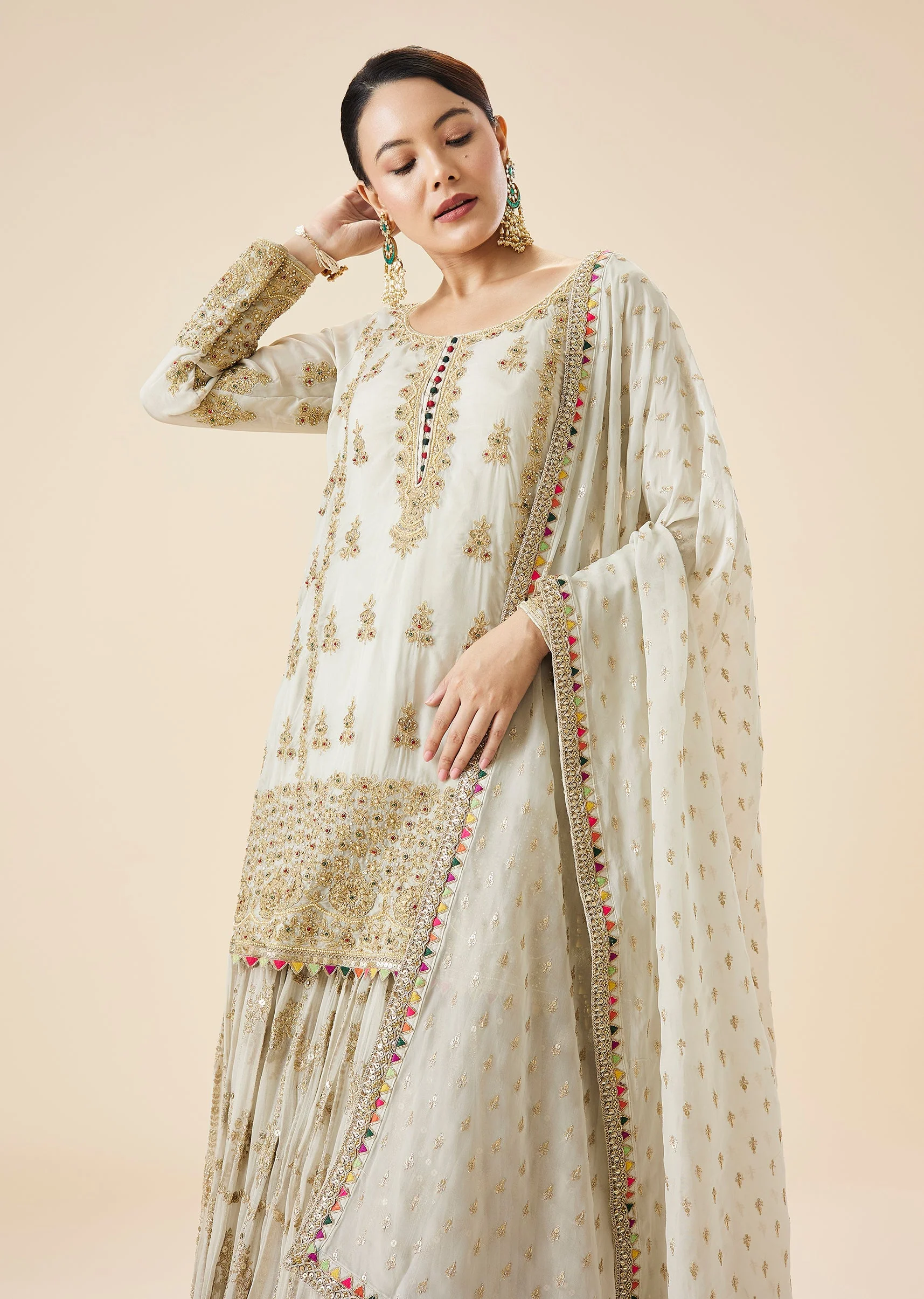 Mint Blue Embroidered Kurta Lehenga Set - Image 5