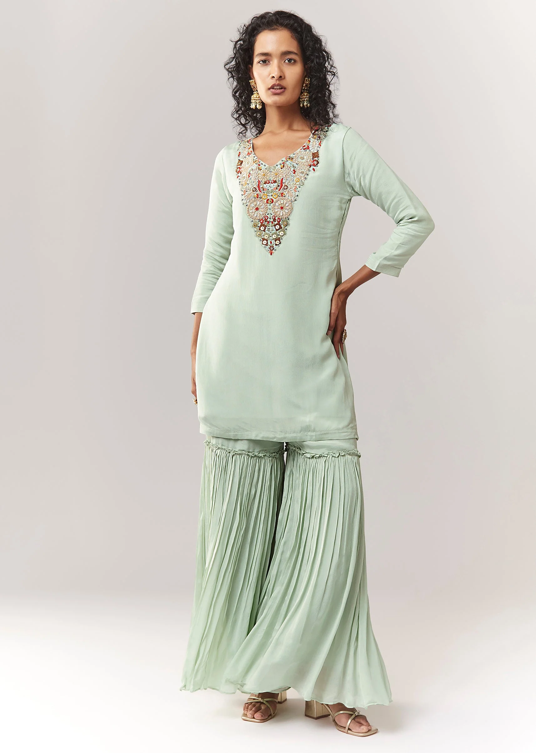 Mint Blue Kurta Cape Sharara Set With Thread And Zardosi Work - Image 5