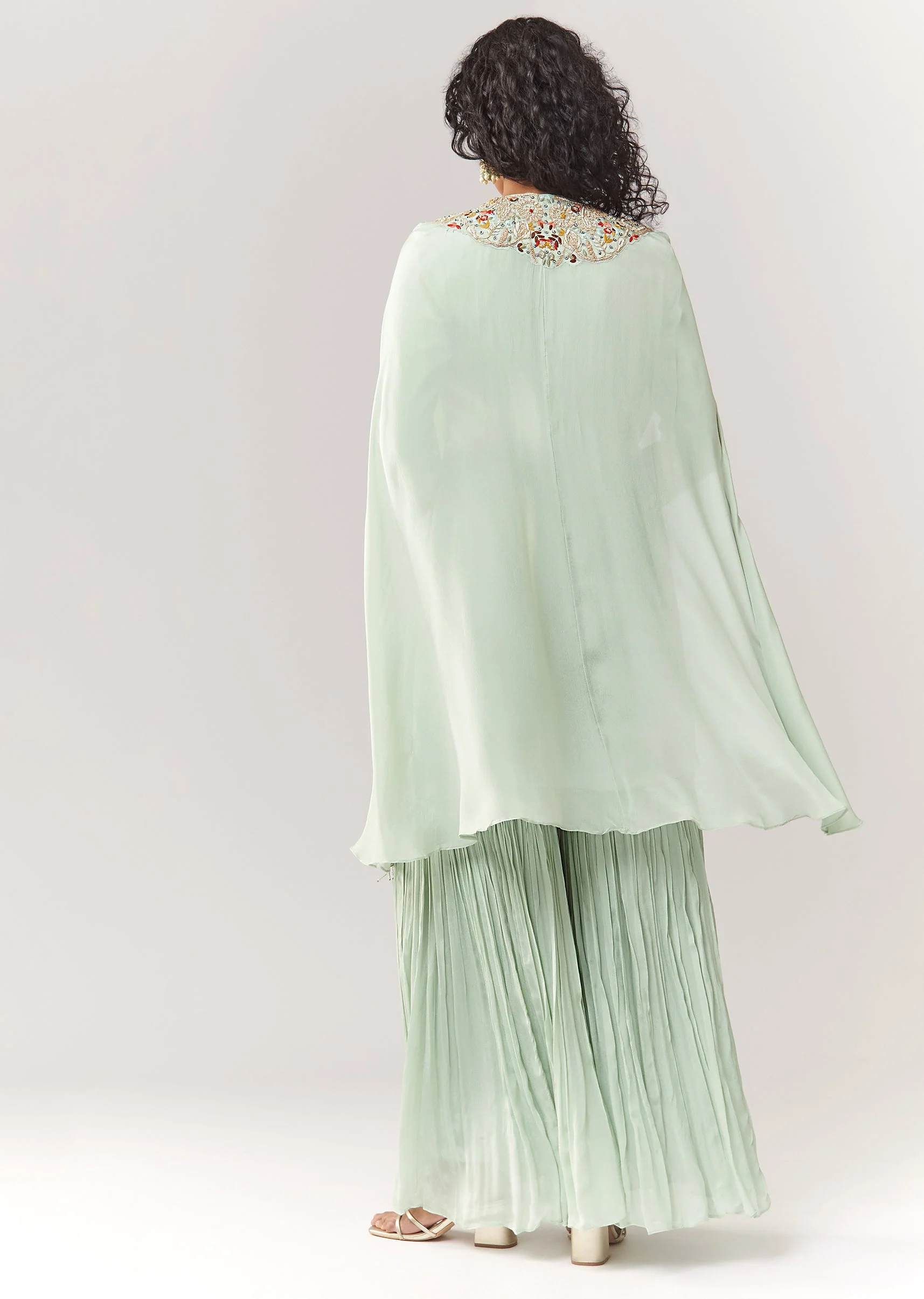 Mint Blue Kurta Cape Sharara Set With Thread And Zardosi Work - Image 6