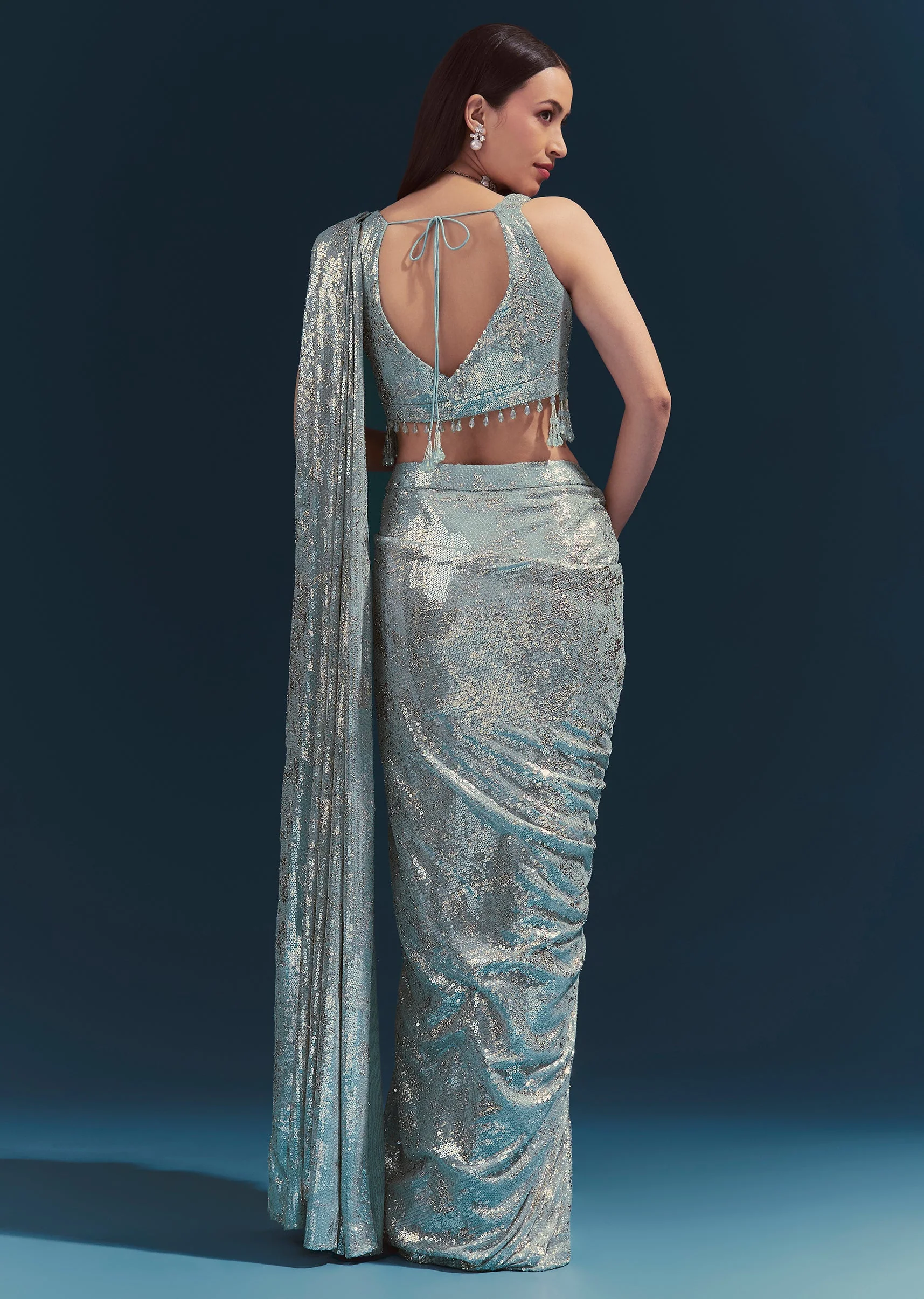 Mint Blue Ready Pleated Saree Set - Image 2