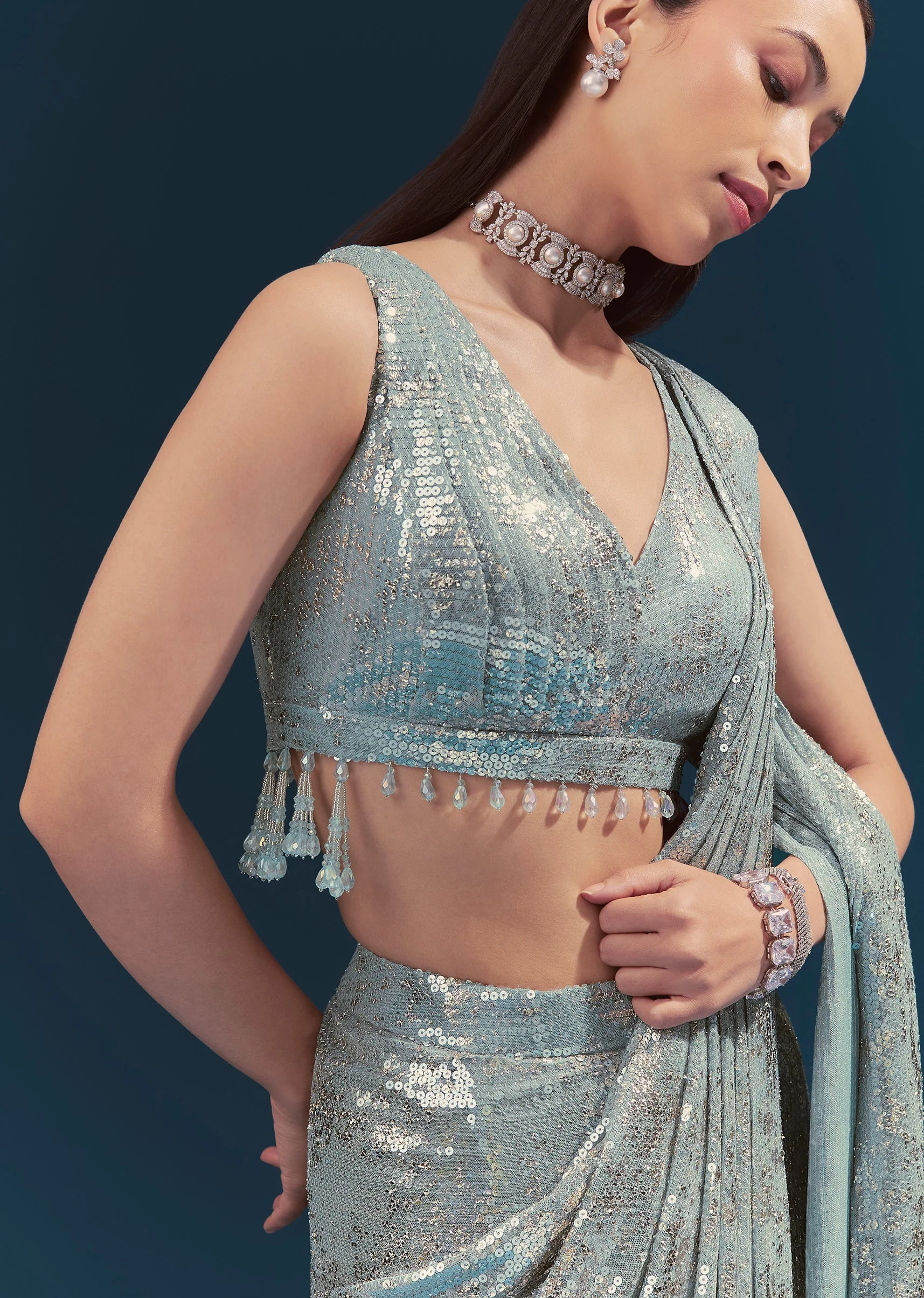 Mint Blue Ready Pleated Saree Set - Image 3