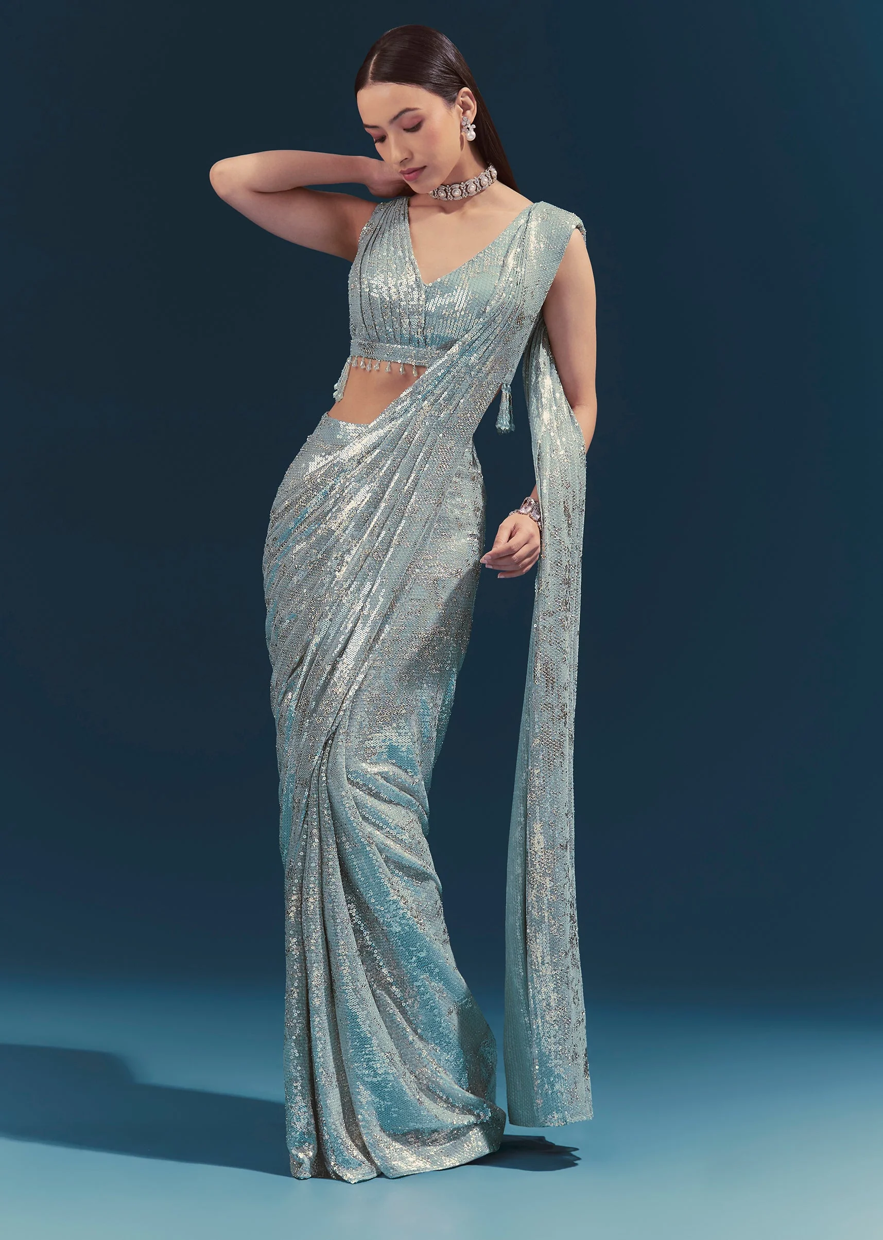 Mint Blue Ready Pleated Saree Set - Image 4