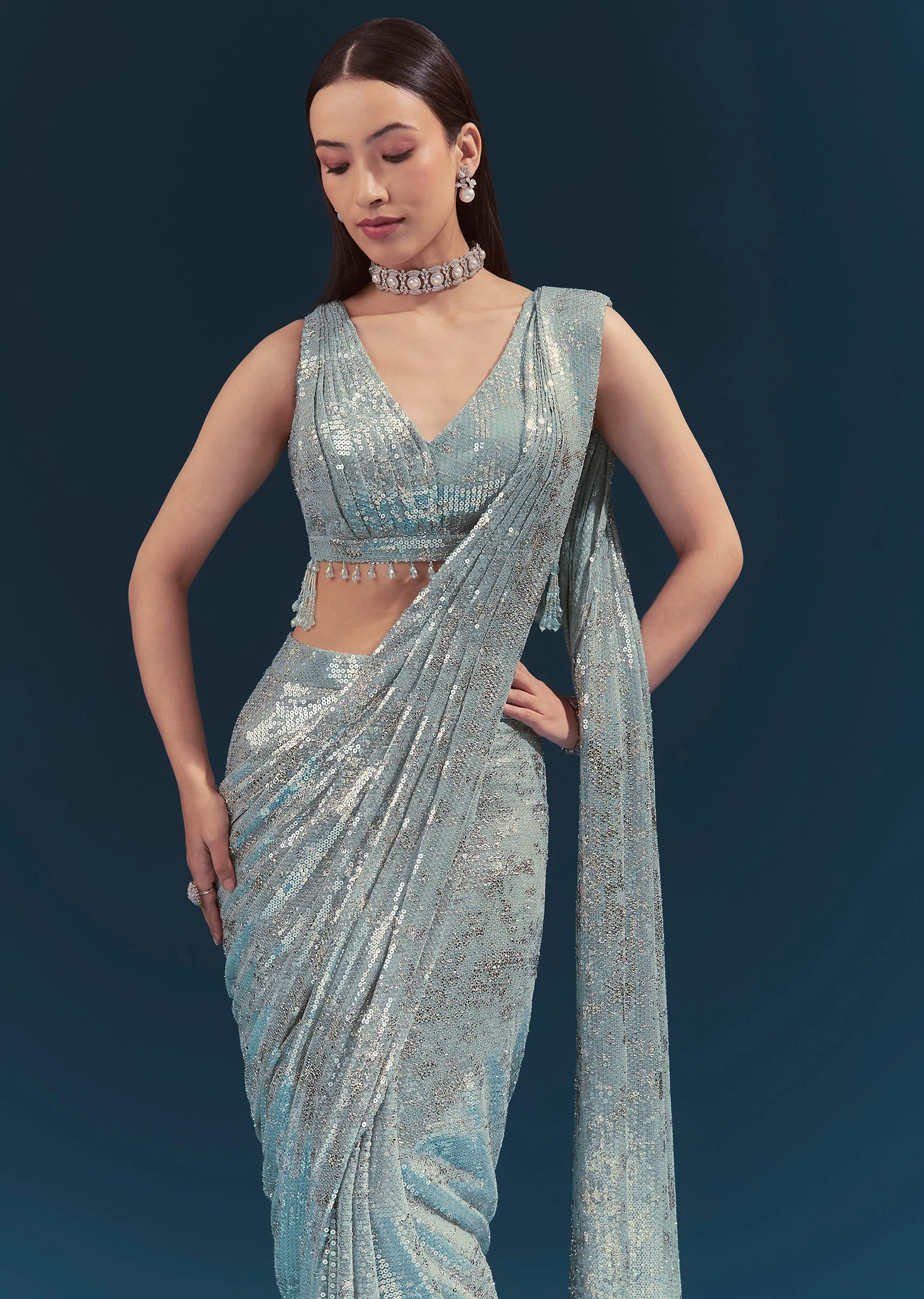 Mint Blue Ready Pleated Saree Set - Image 5