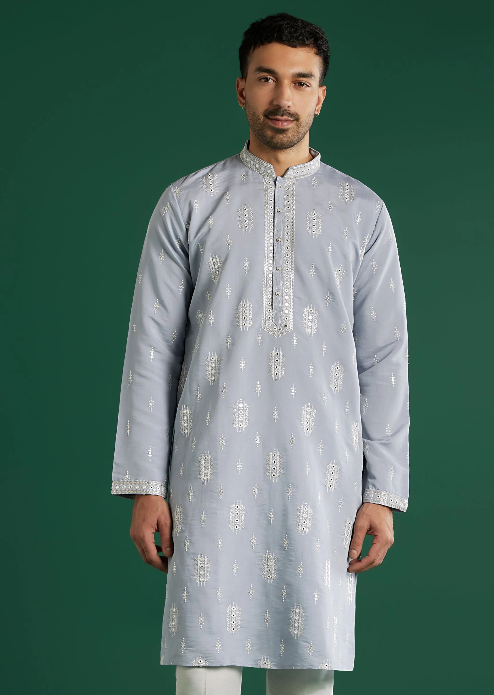 Mint Blue Silk Kurta Set For Men With Resham And Mirror Embroidery - Image 4