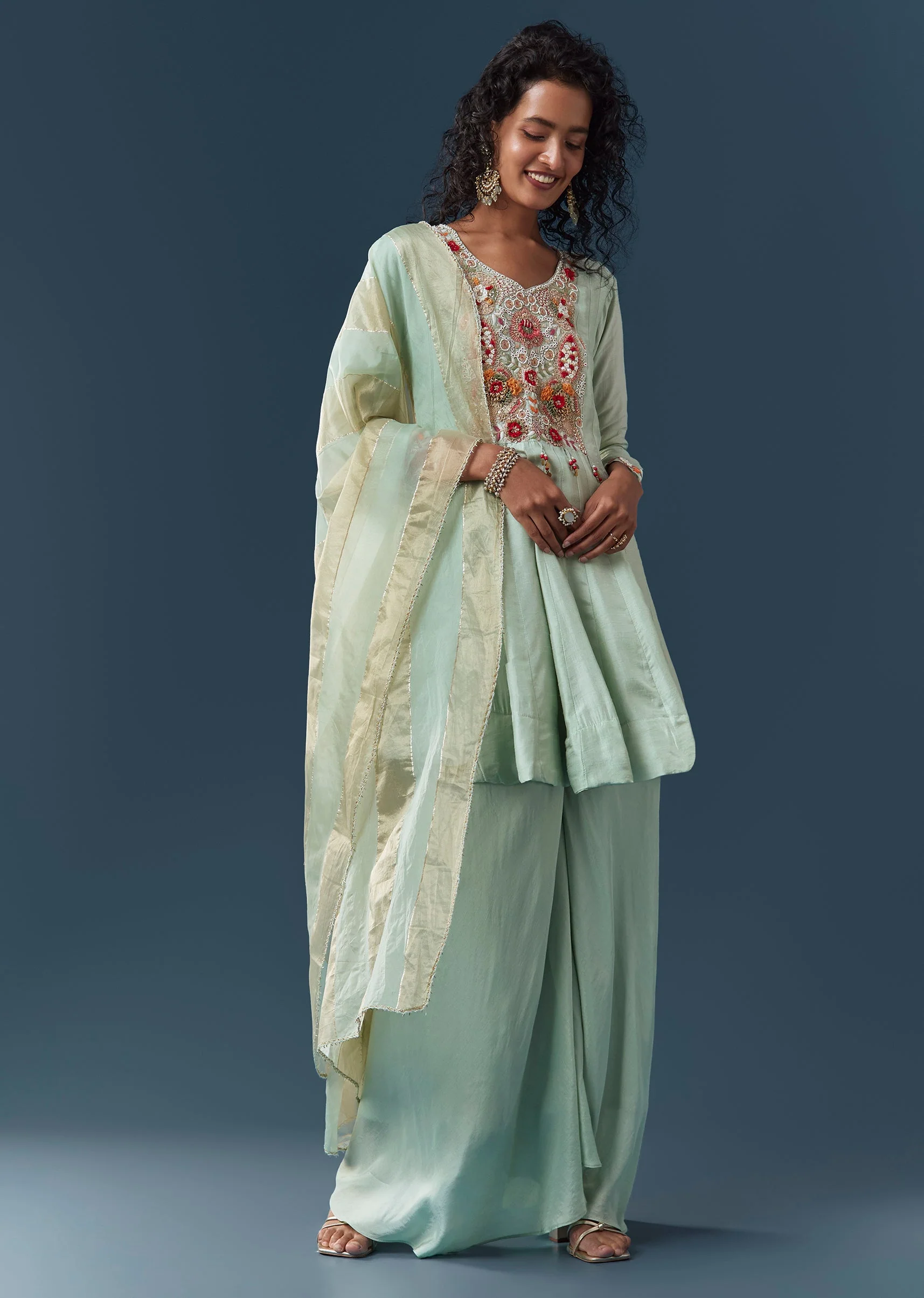 Mint Blue Silk Palazzo Set With Dupatta