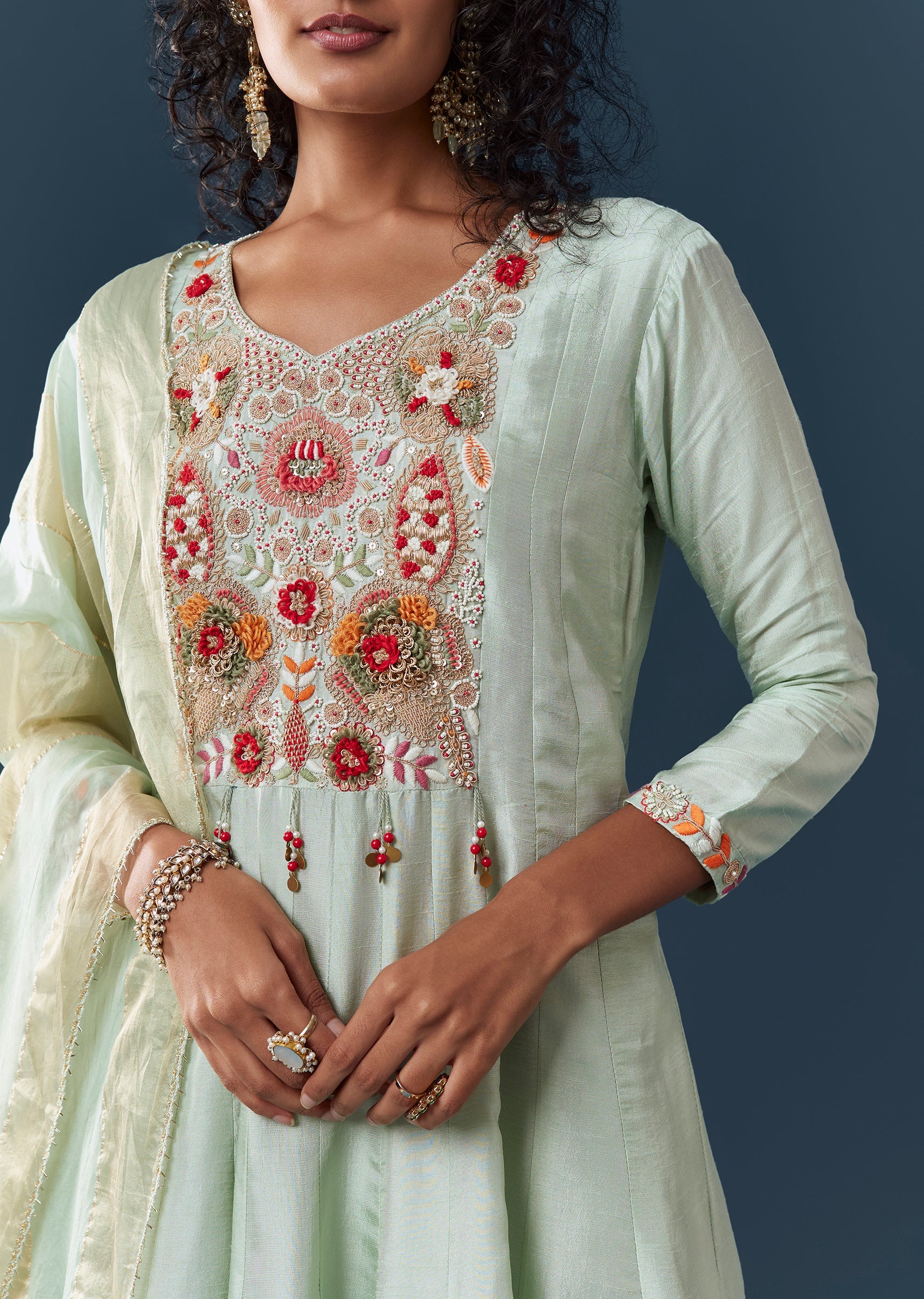 Mint Blue Silk Palazzo Set With Dupatta - Image 2