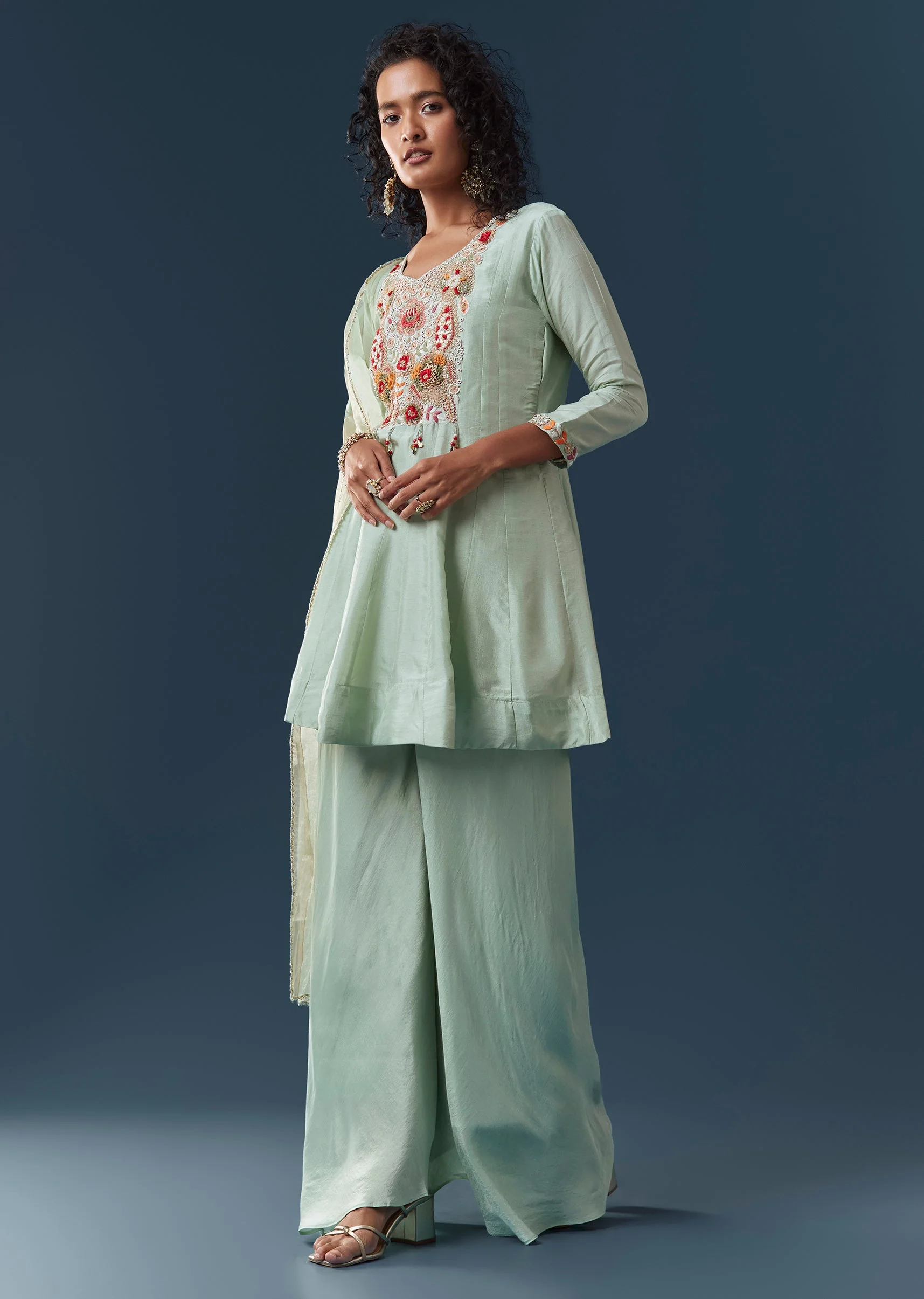 Mint Blue Silk Palazzo Set With Dupatta - Image 3