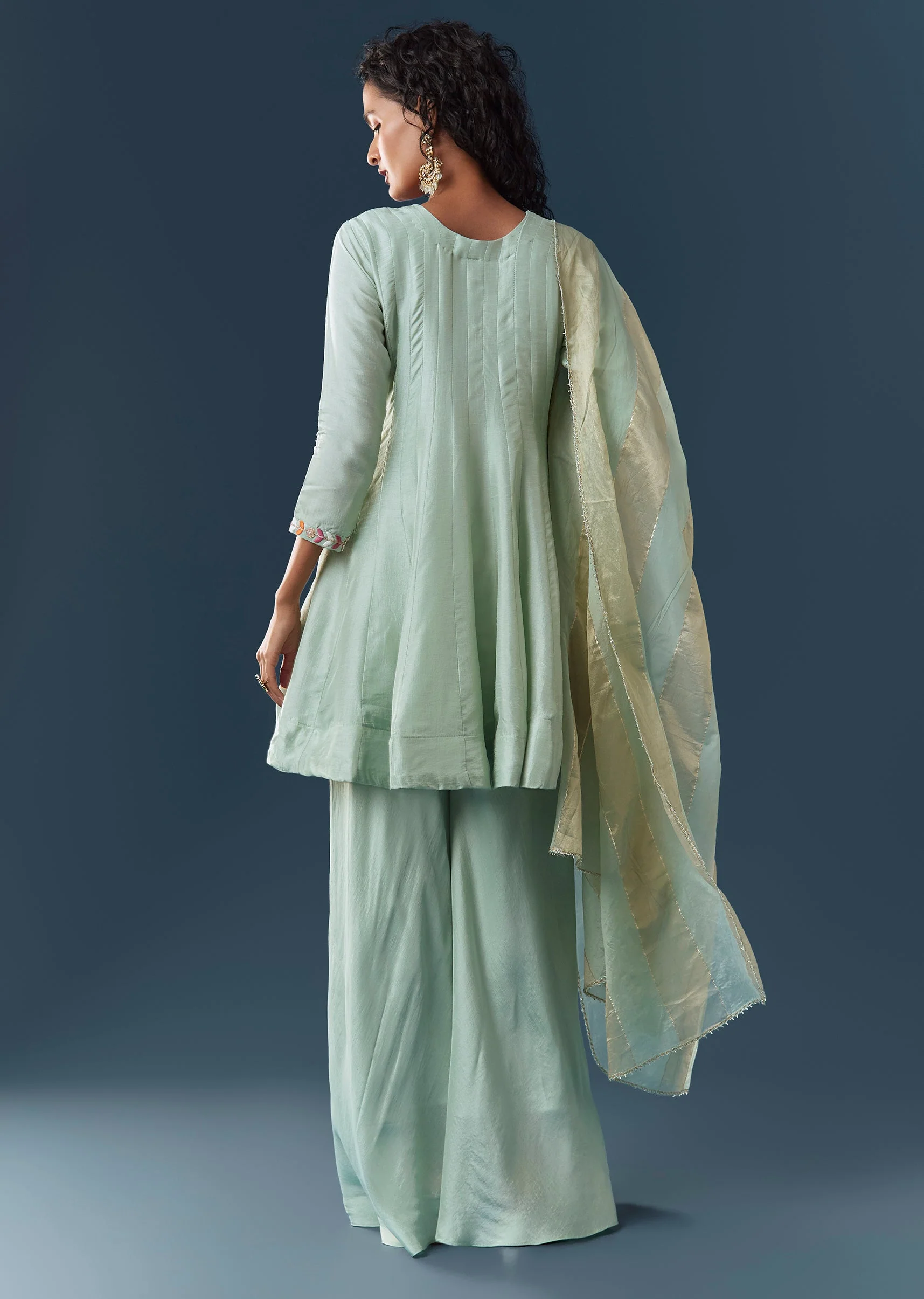 Mint Blue Silk Palazzo Set With Dupatta - Image 5