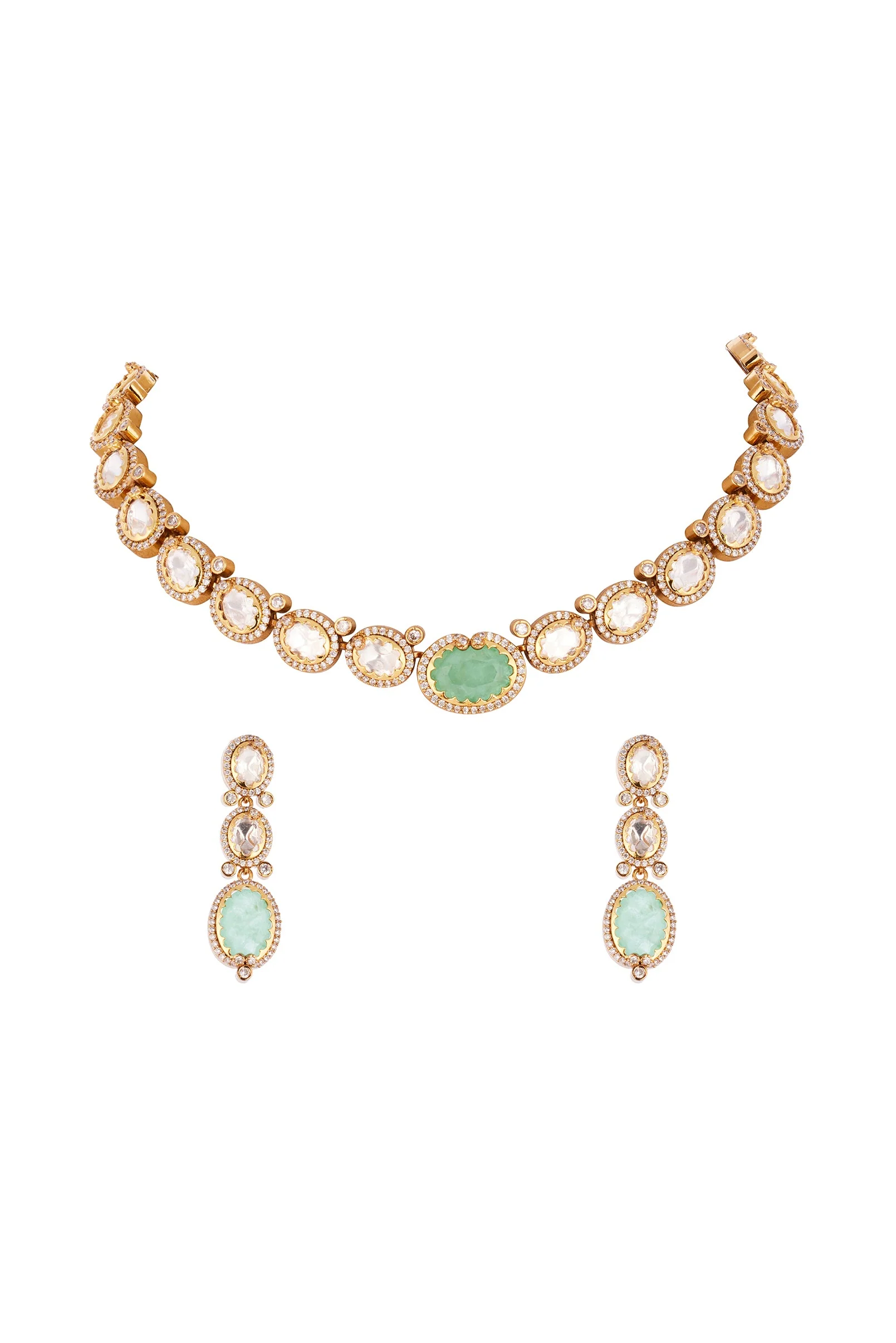 Mint Green and Gold Finish Jewellery Set In Kundan Polki - Image 2