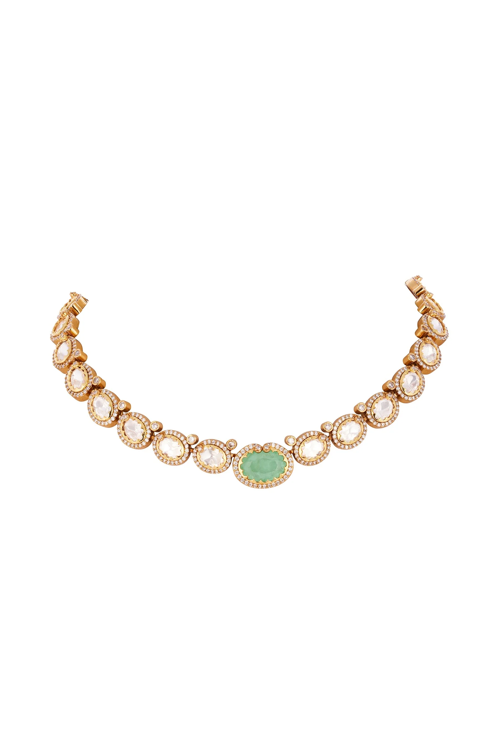 Mint Green and Gold Finish Jewellery Set In Kundan Polki - Image 3