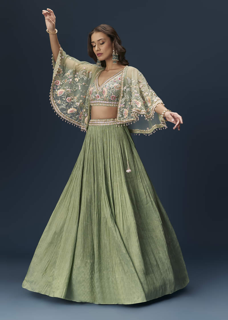 Mint Green Bridesmaid Lehenga With Embroidered Cape - Image 3