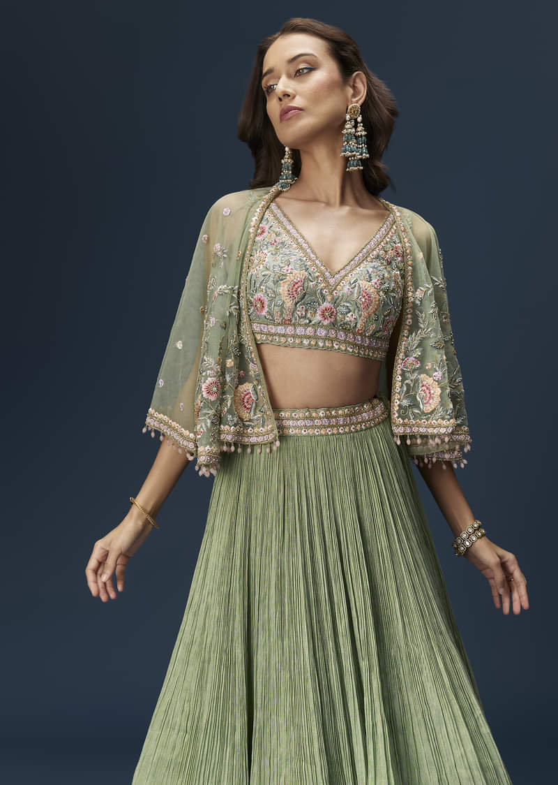 Mint Green Bridesmaid Lehenga With Embroidered Cape - Image 4
