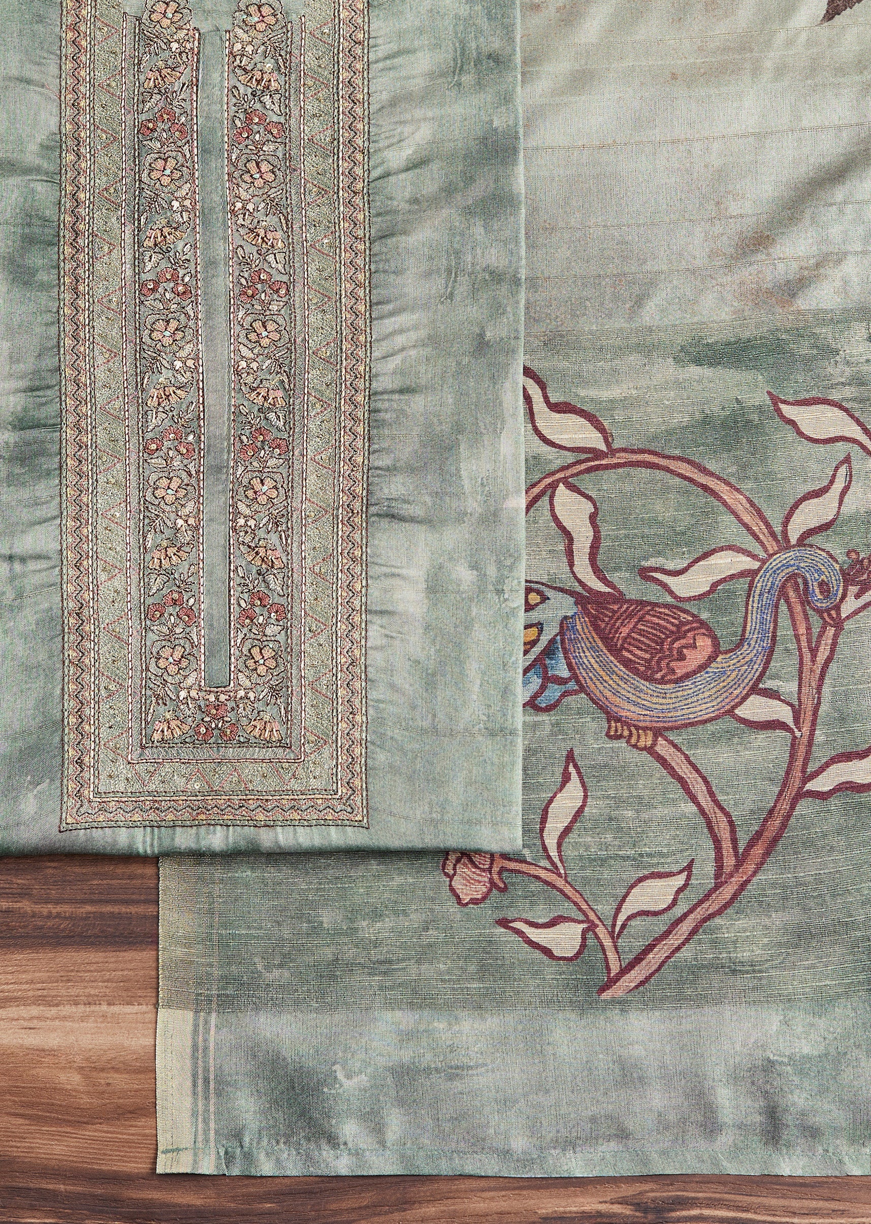 Mint Green Chanderi Unstitched Suit With Printed Dupatta - Image 4
