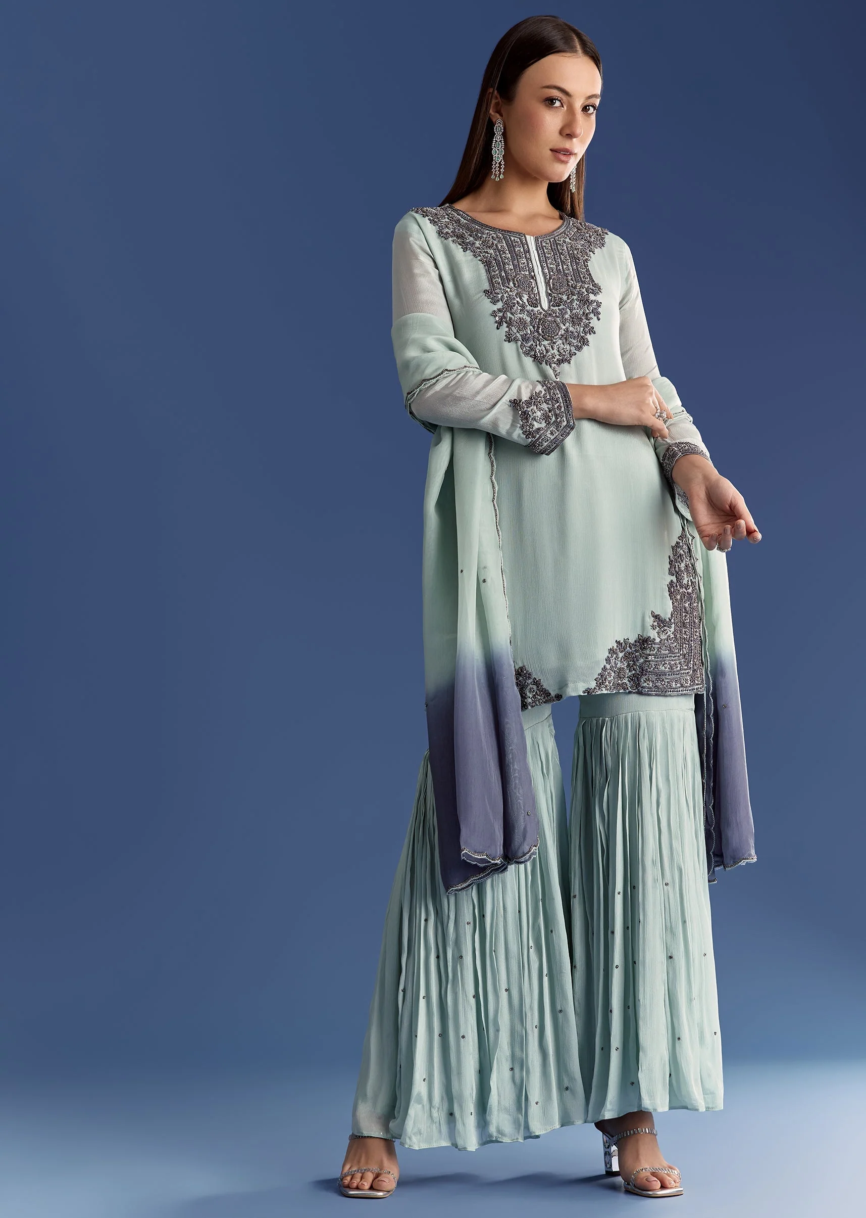 Mint Green Chinon Kurta Set With Beads And Ombre Dupatta - Image 4