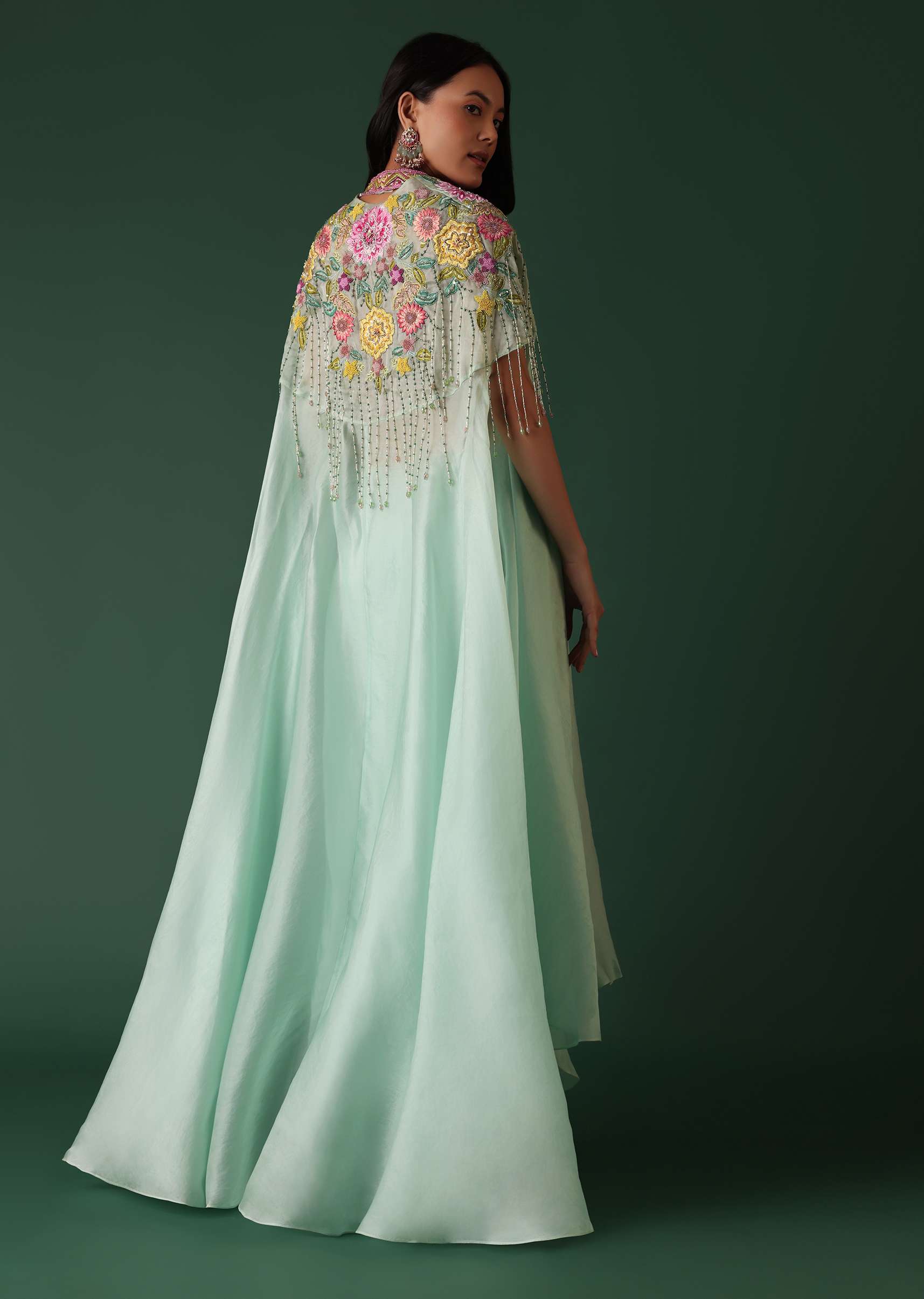 Mint Green Crepe Drape Skirt And Blouse Set With Cape - Image 2