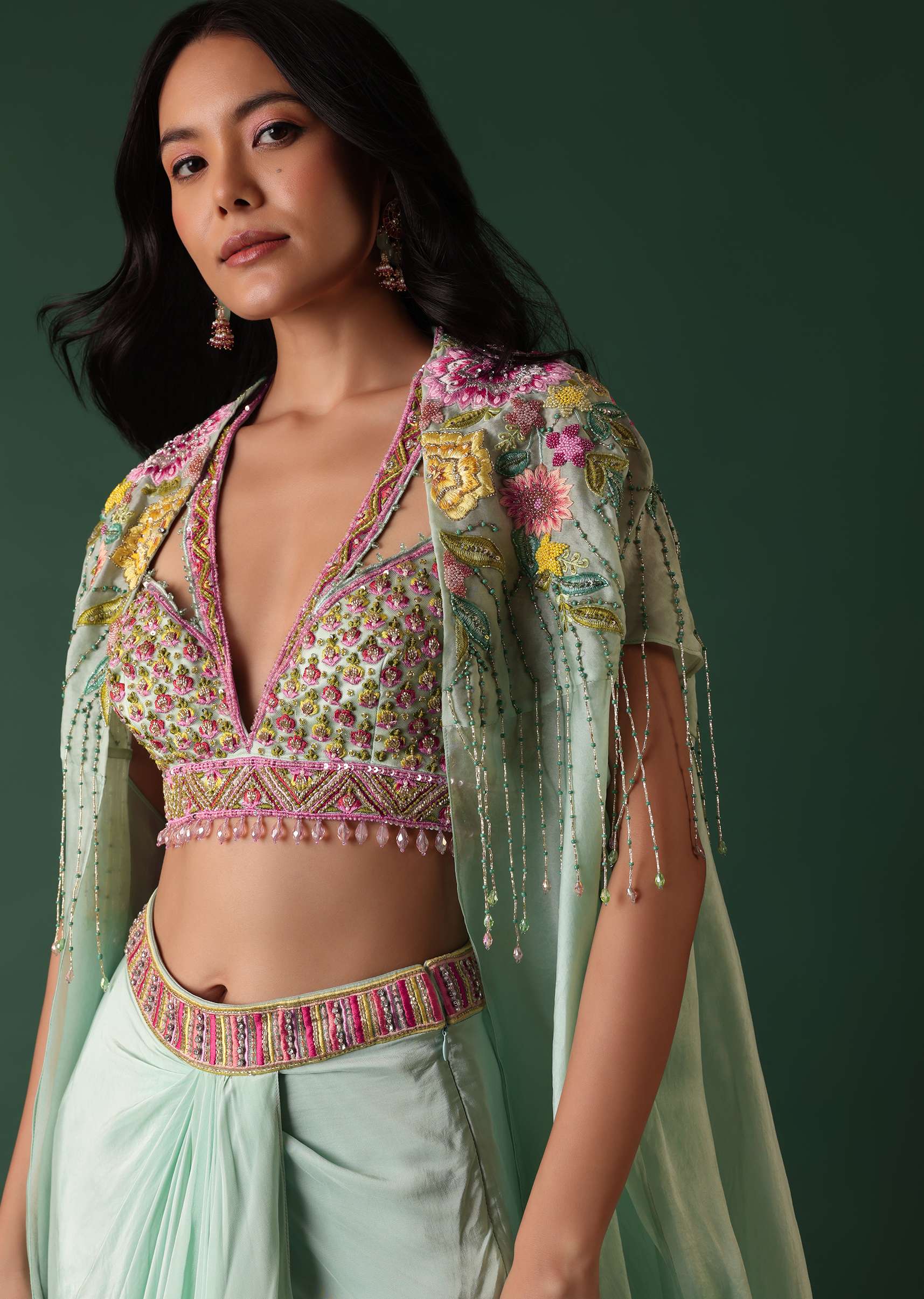 Mint Green Crepe Drape Skirt And Blouse Set With Cape - Image 3