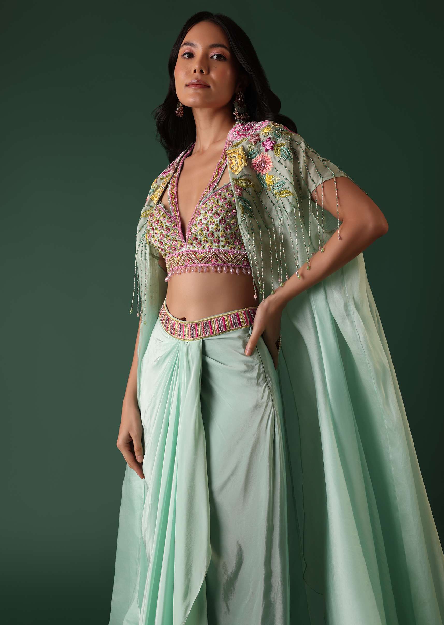 Mint Green Crepe Drape Skirt And Blouse Set With Cape - Image 4