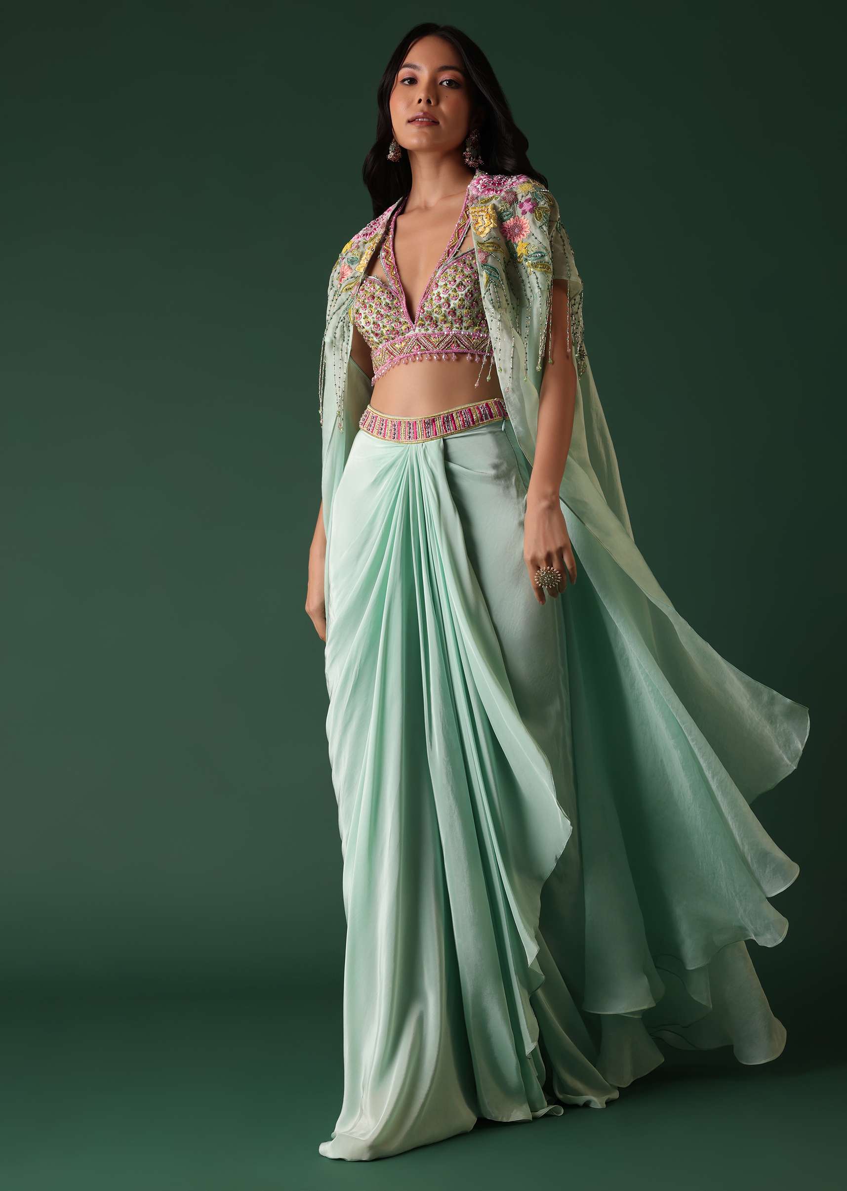 Mint Green Crepe Drape Skirt And Blouse Set With Cape - Image 6