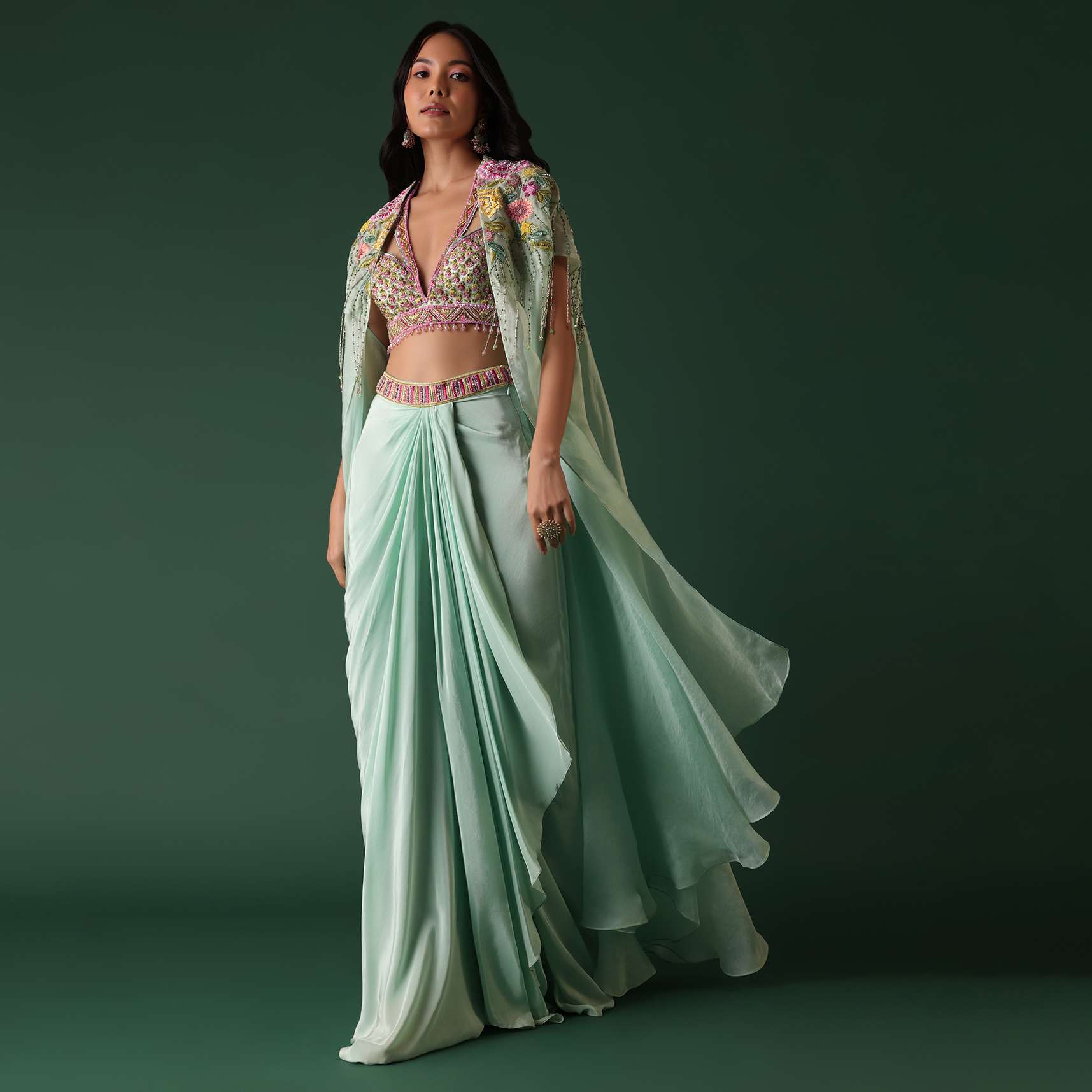 Mint Green Crepe Drape Skirt And Blouse Set With Cape - Image 8