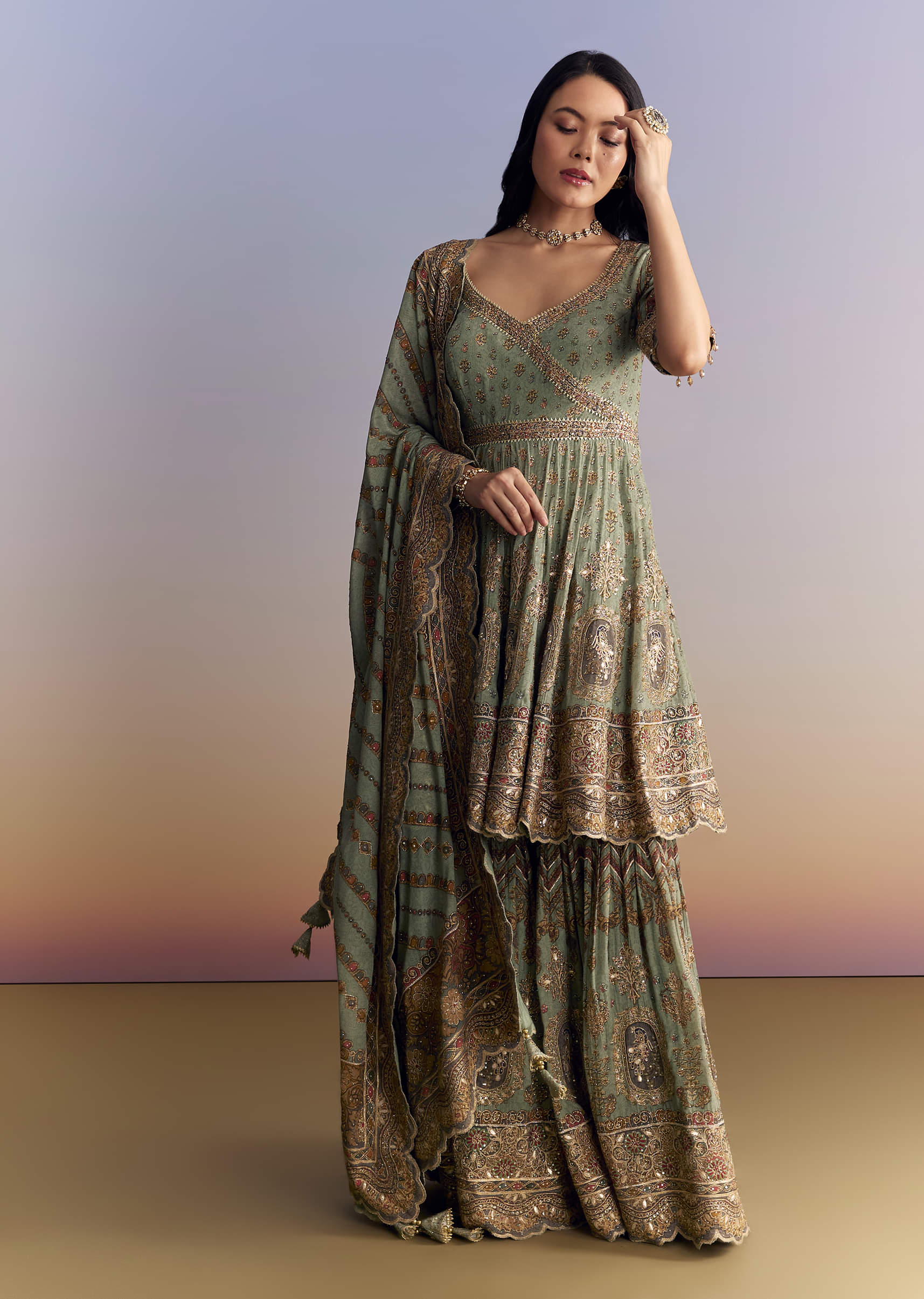 Mint Green Crepe Sharara Suit With Indie Print And Stone Work - Image 3