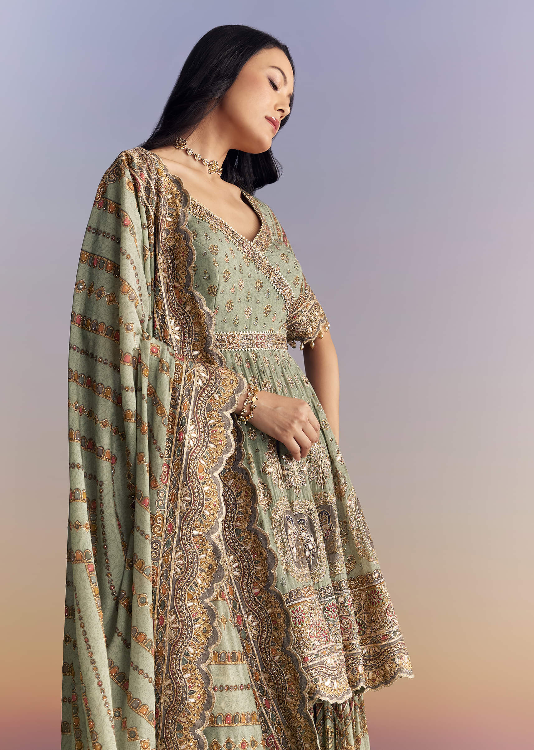 Mint Green Crepe Sharara Suit With Indie Print And Stone Work - Image 4