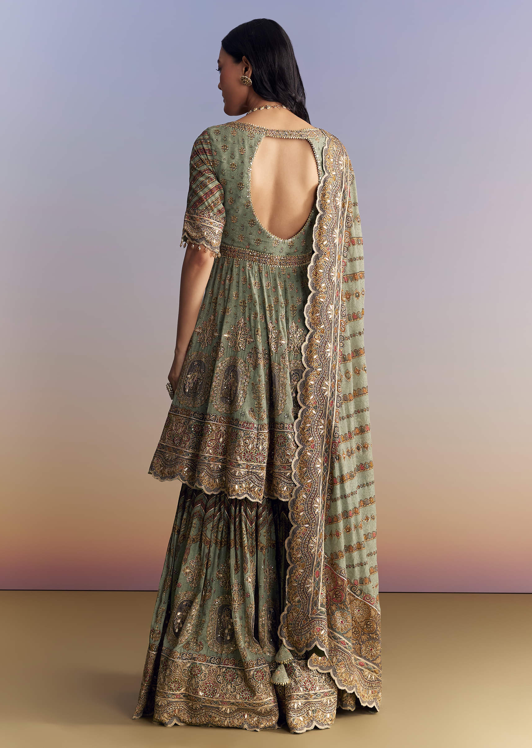 Mint Green Crepe Sharara Suit With Indie Print And Stone Work - Image 5