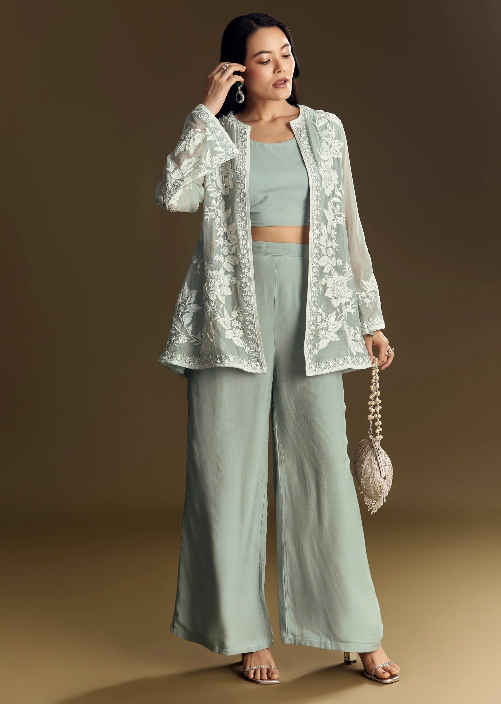 Mint Green Crop Top Set With Embroidered Organza Jacket