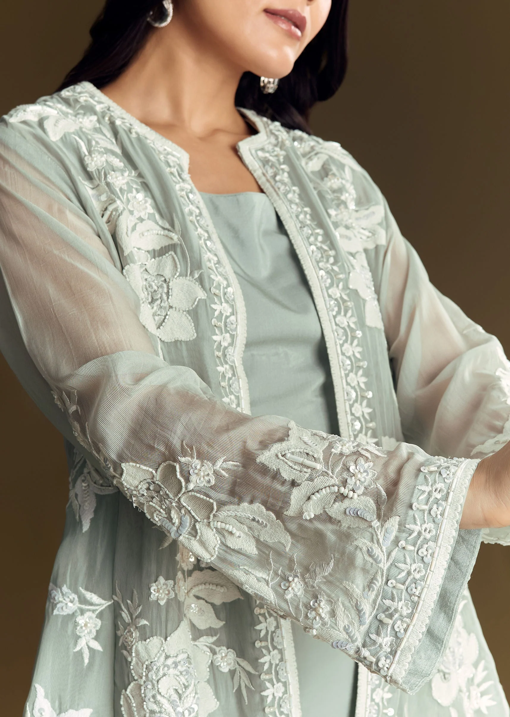 Mint Green Crop Top Set With Embroidered Organza Jacket - Image 2