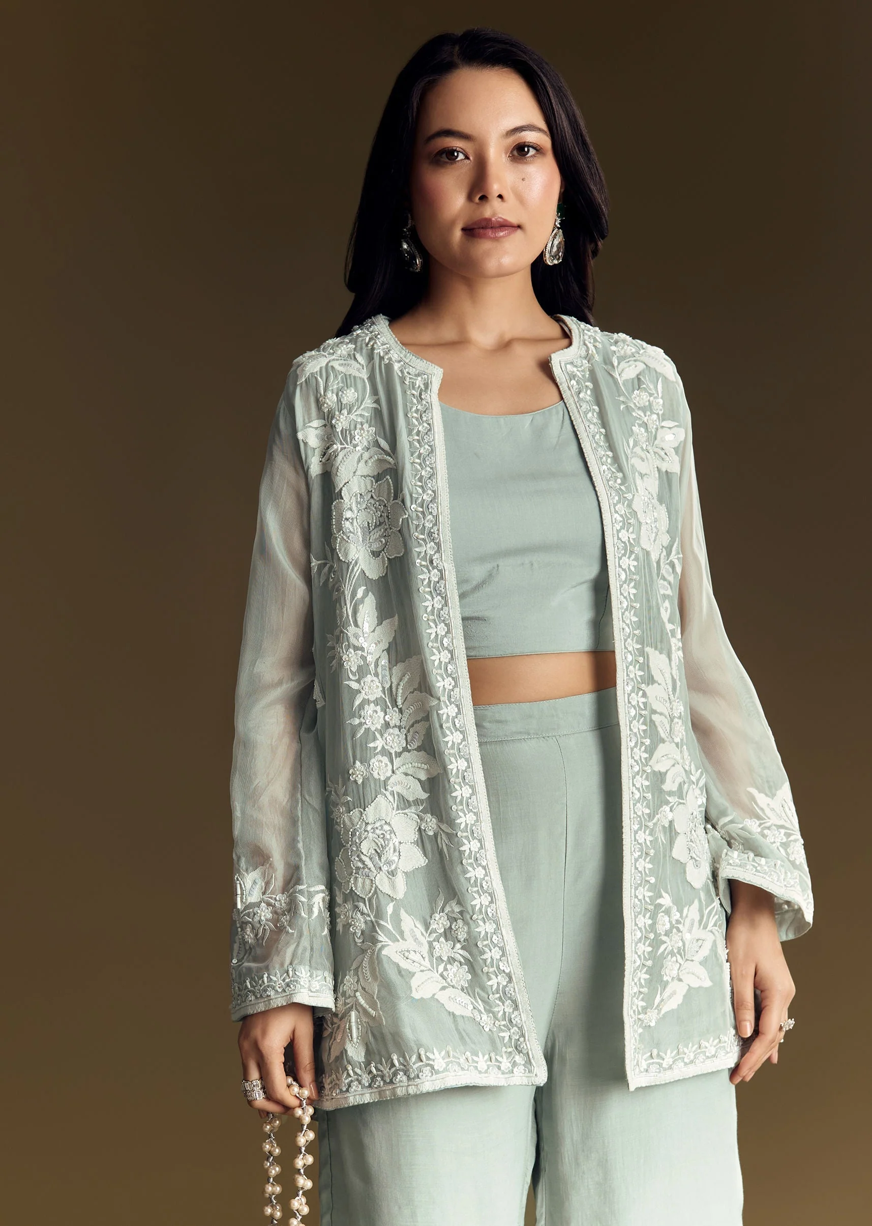 Mint Green Crop Top Set With Embroidered Organza Jacket - Image 4